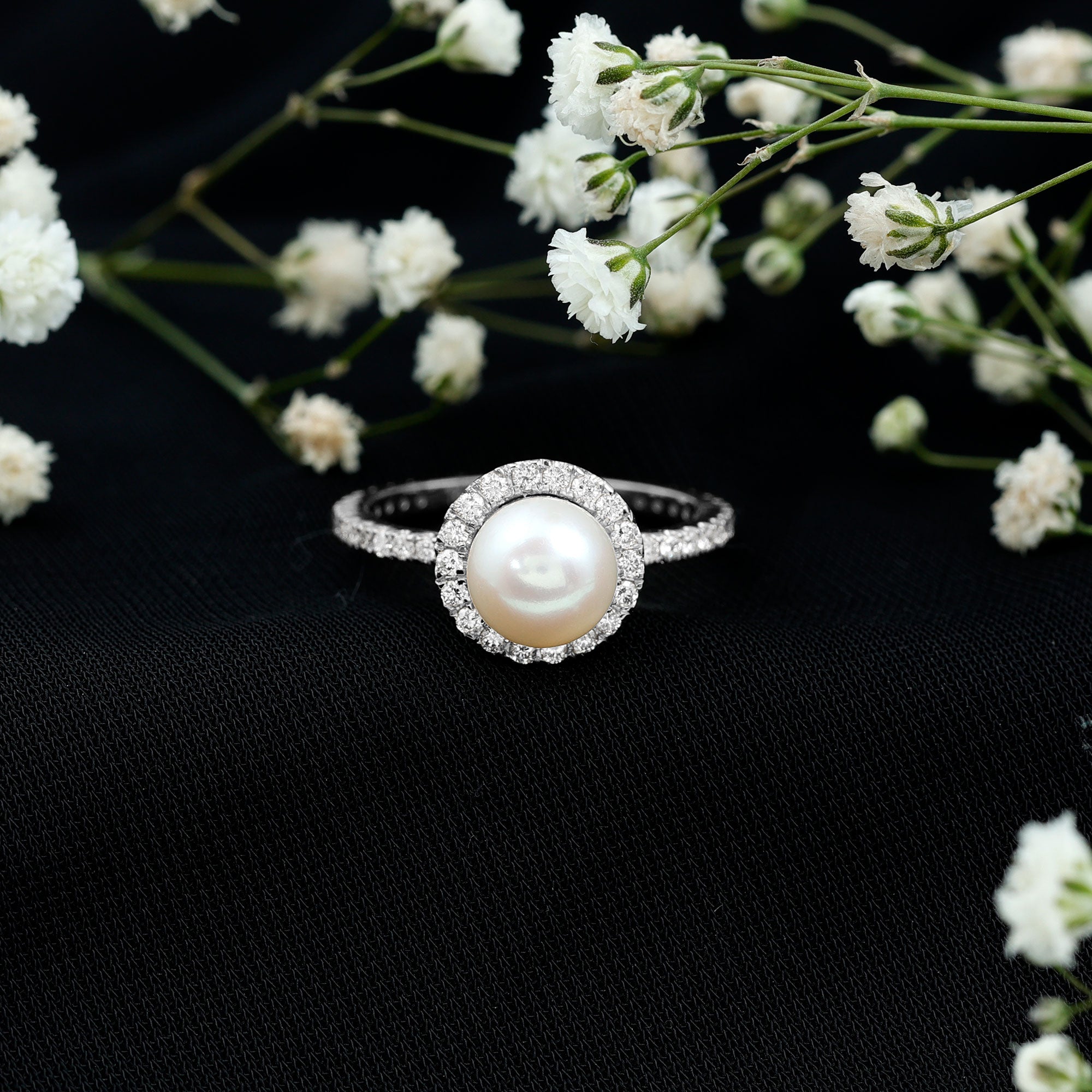 Cultured 7.4 Carat Freshwater Pearl Diamond Engagement Ring with Halo AAA - Rosec Jewels