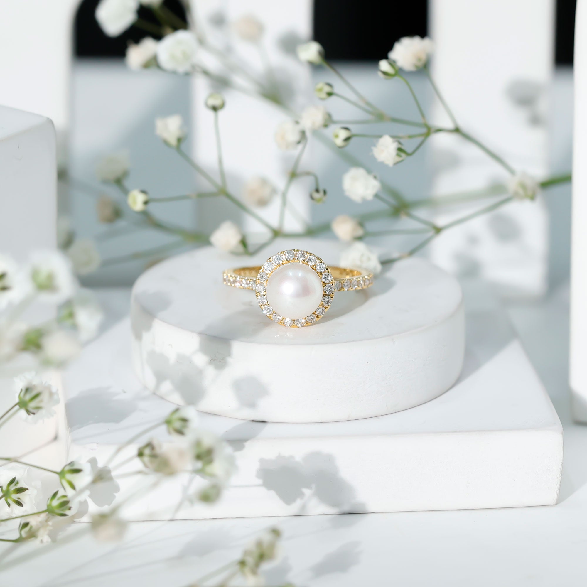 Cultured 7.4 Carat Freshwater Pearl Diamond Engagement Ring with Halo AAA - Rosec Jewels