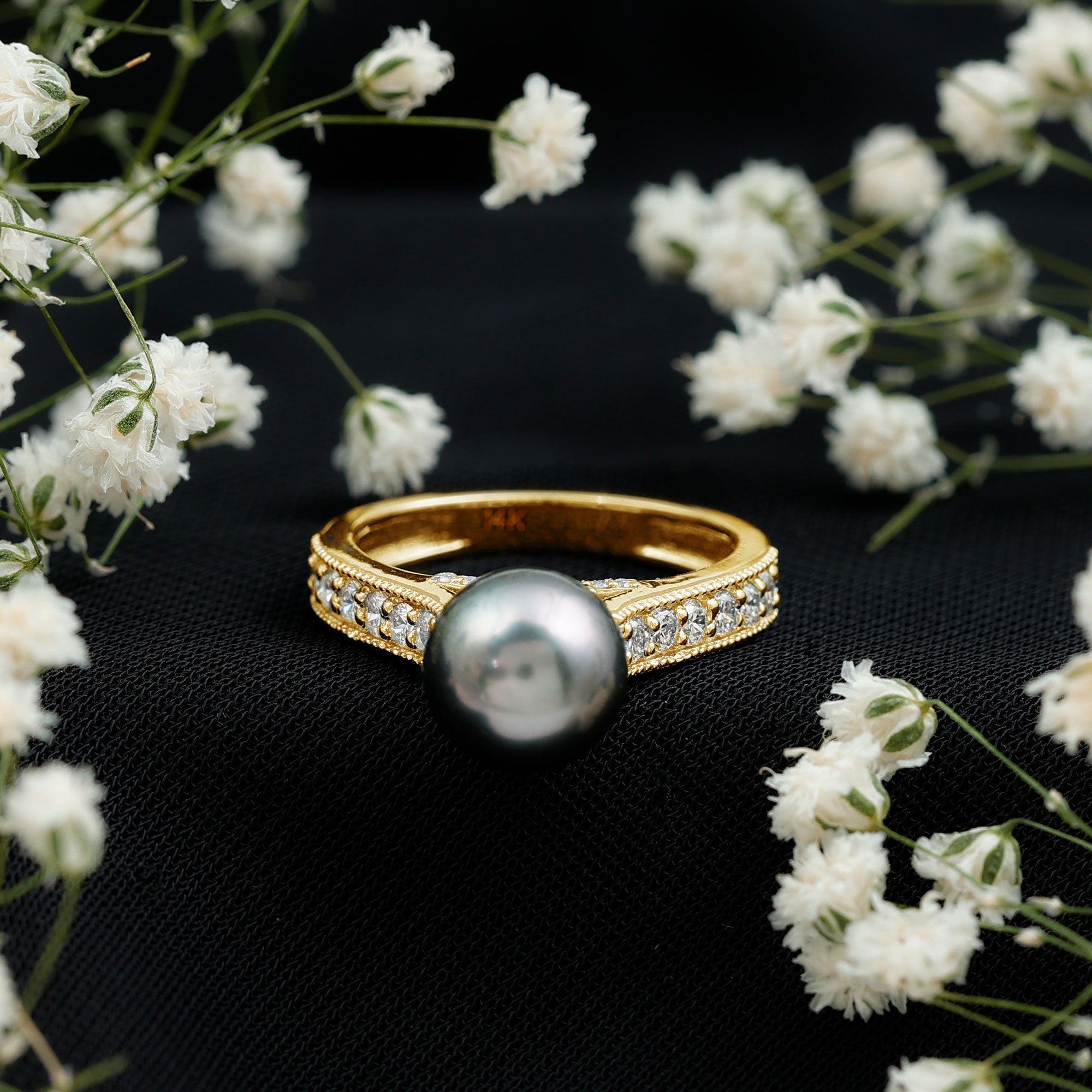 Rosec Jewels-Natural Tahitian Pearl Cathedral Engagement Ring with Diamond Side Stones