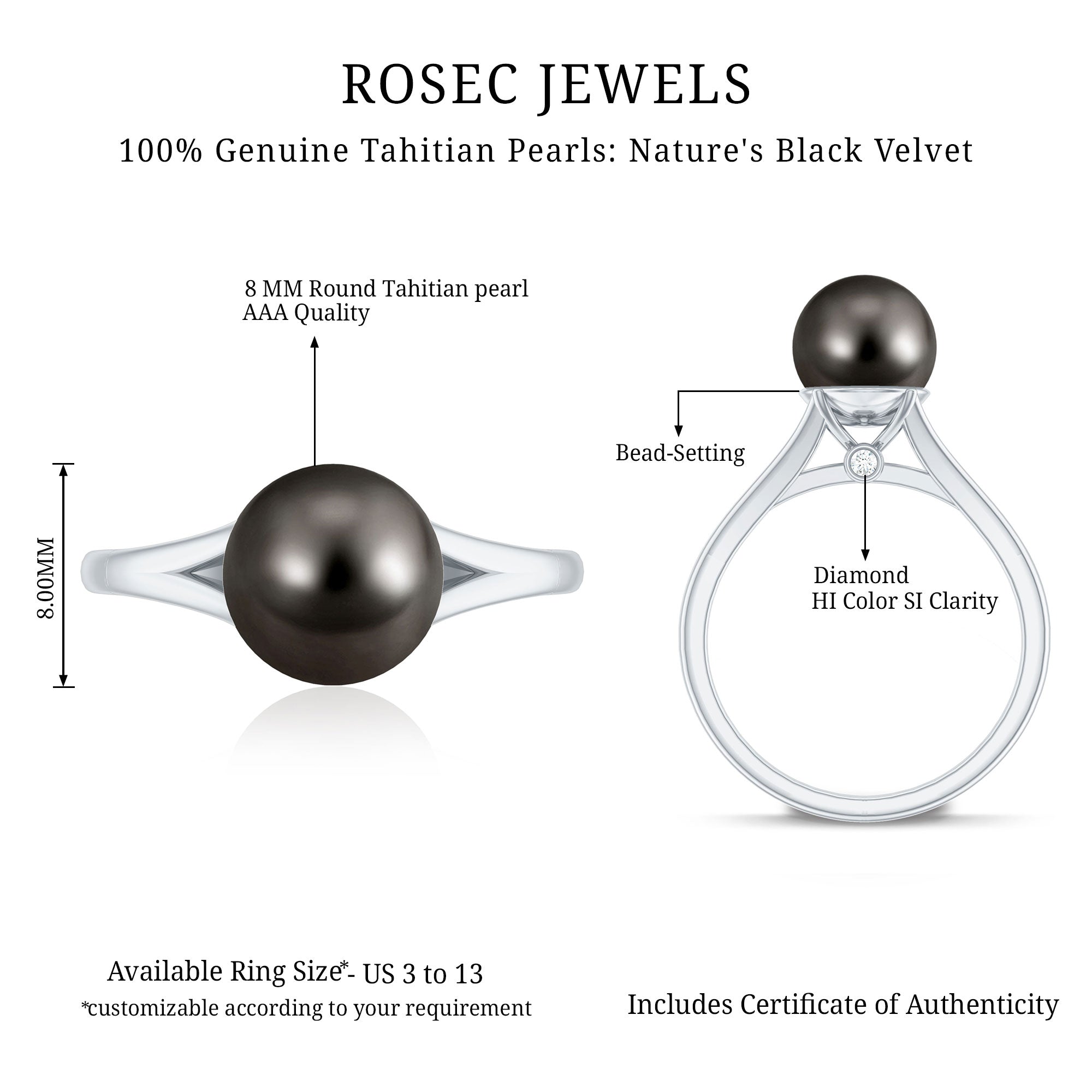 Rosec Jewels-Genuine 8 Carat Tahitian Black Pearl Cathedral Engagement Ring with Split Shank
