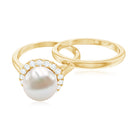 Real 7.4 Carat Freshwater Pearl Diamond Wedding Bridal Ring Set for Women AAA - Rosec Jewels