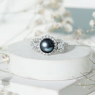 Rosec Jewels-7.5 Carat Round Black Pearl Engagement Ring with Moissanite Accent