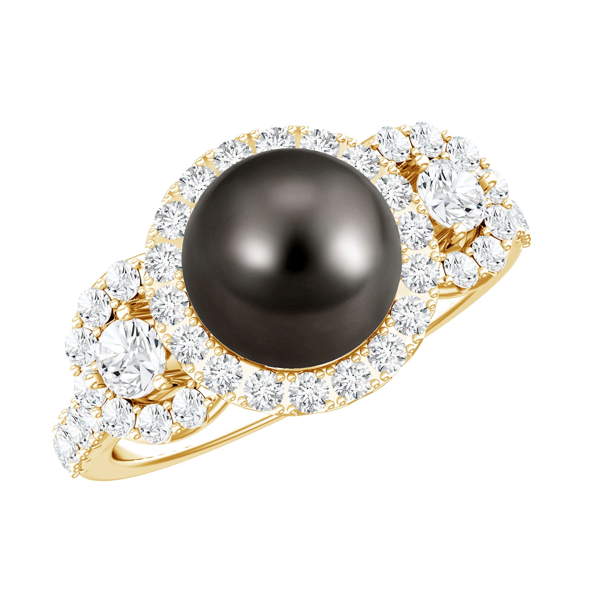Rosec Jewels-7.5 Carat Round Black Pearl Engagement Ring with Moissanite Accent