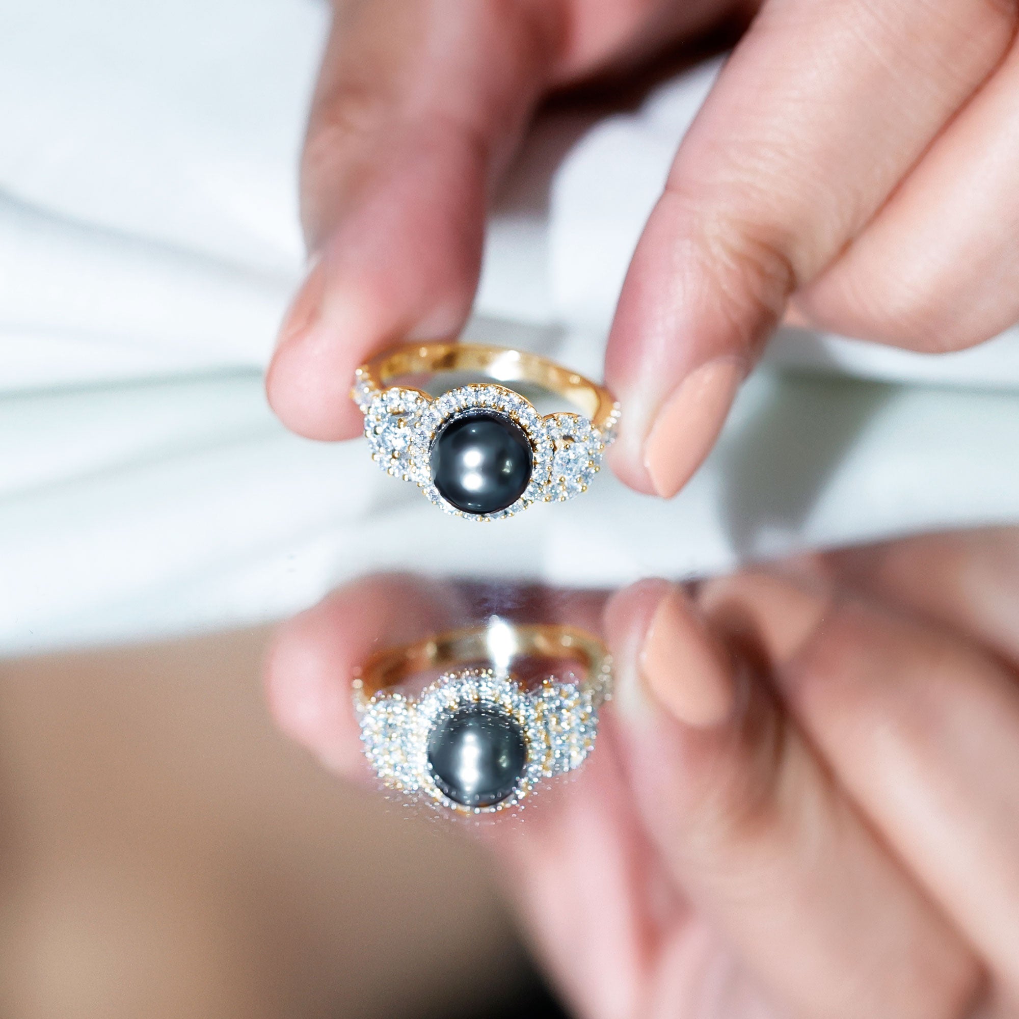 Rosec Jewels-7.5 Carat Round Black Pearl Engagement Ring with Moissanite Accent
