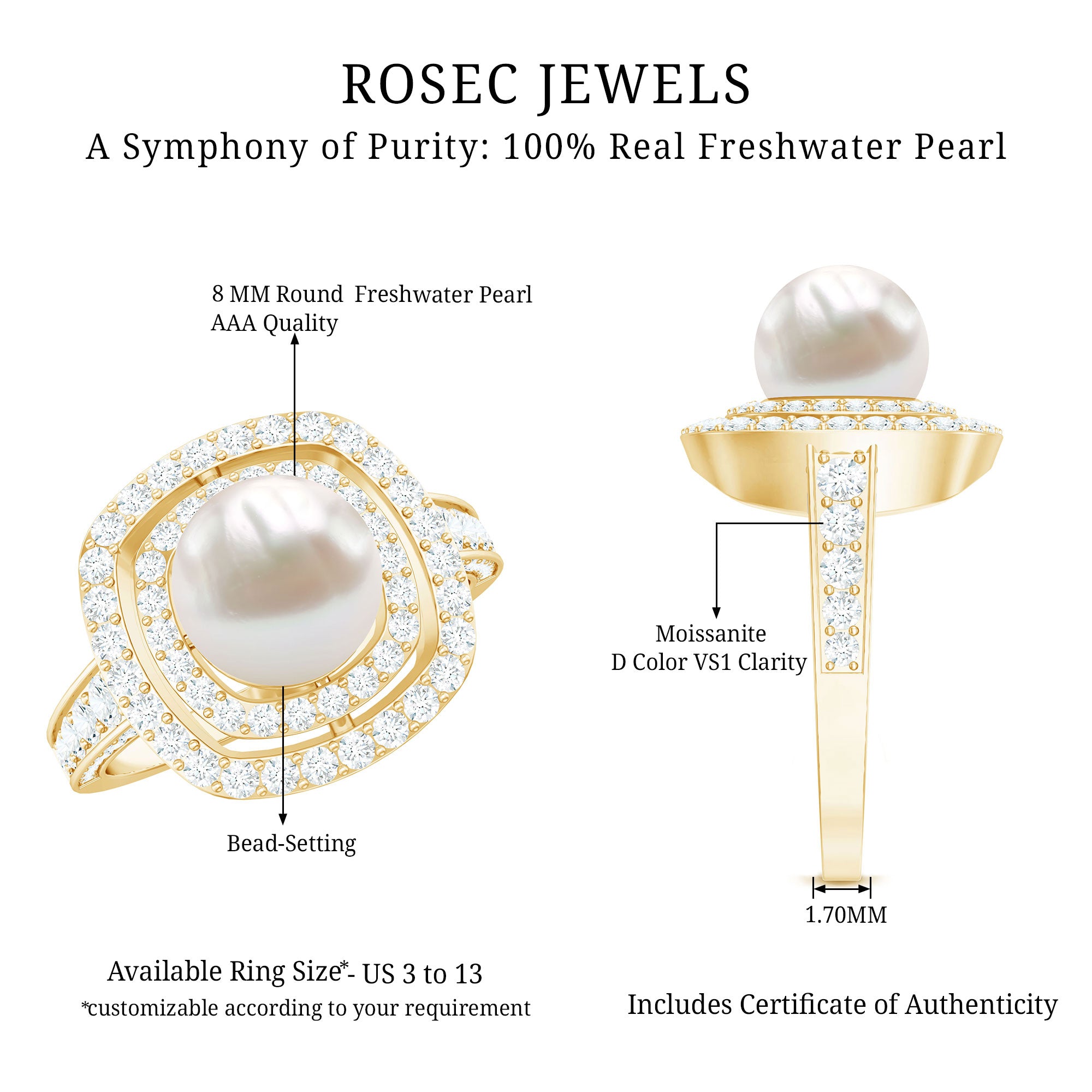 7.4 Carat Freshwater Pearl Double Halo Engagement Ring with Moissanite AAA - Rosec Jewels