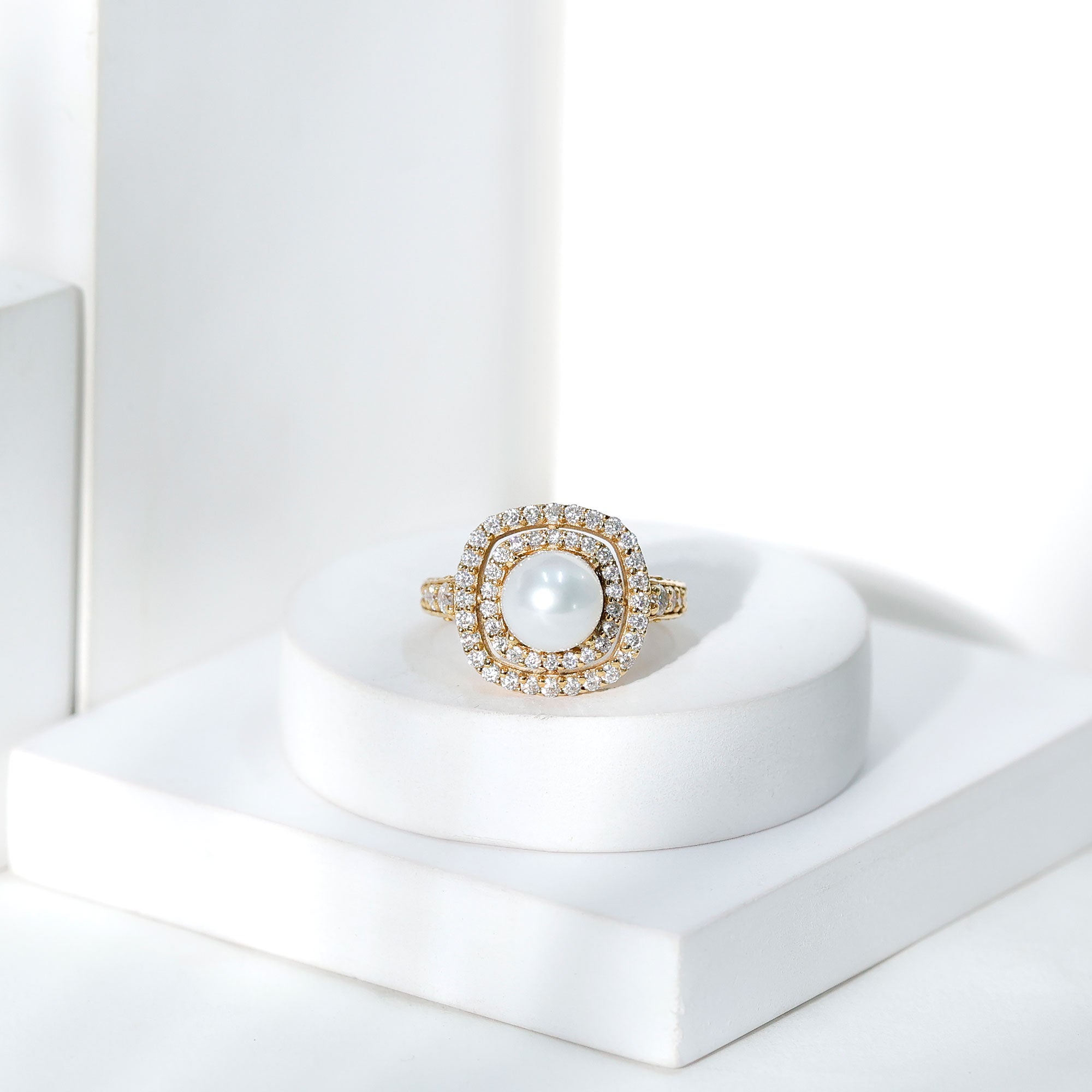 7.4 Carat Freshwater Pearl Double Halo Engagement Ring with Moissanite AAA - Rosec Jewels