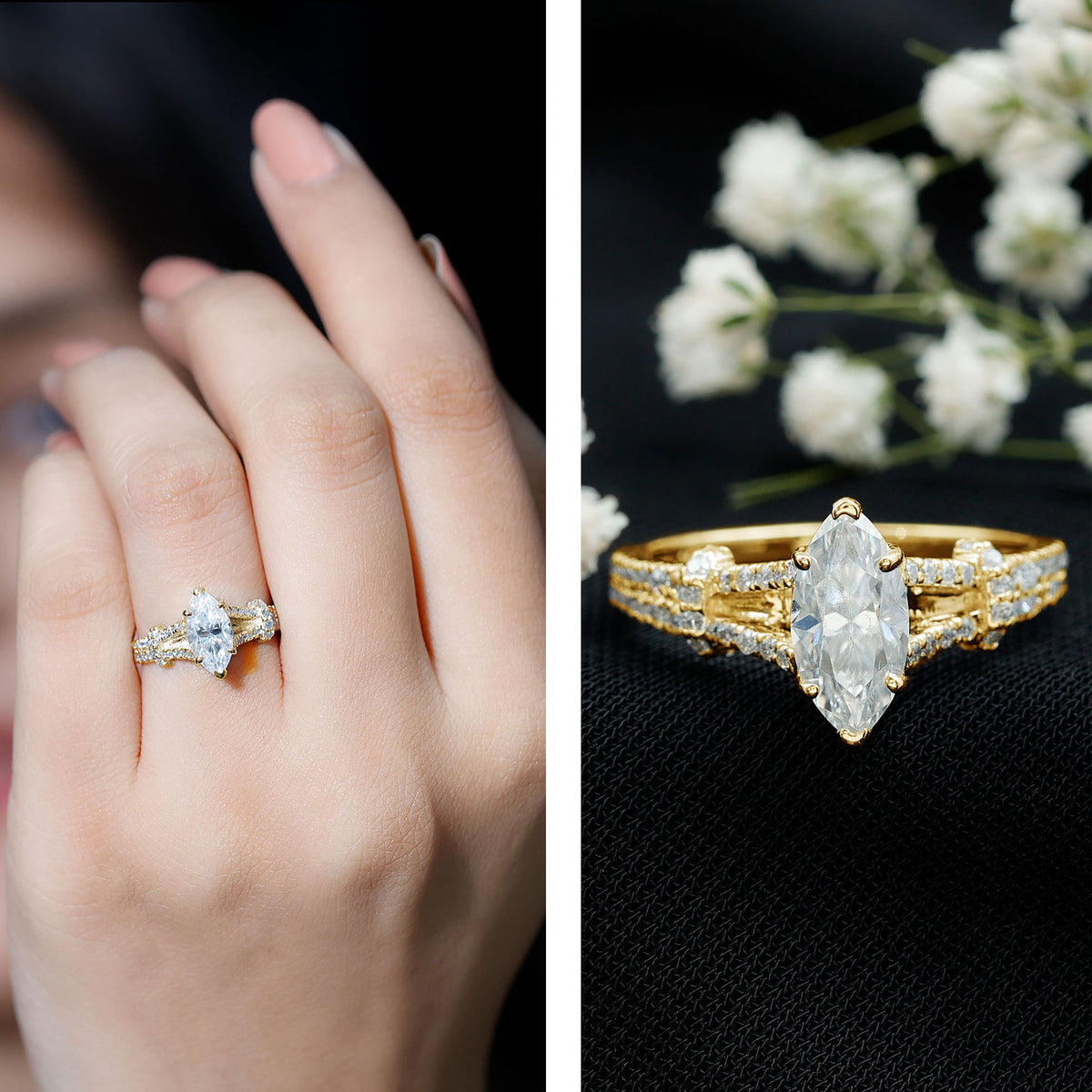 Marquise Cut Moissanite Solitaire Engagement Ring in Split Shank D-VS1 - Rosec Jewels