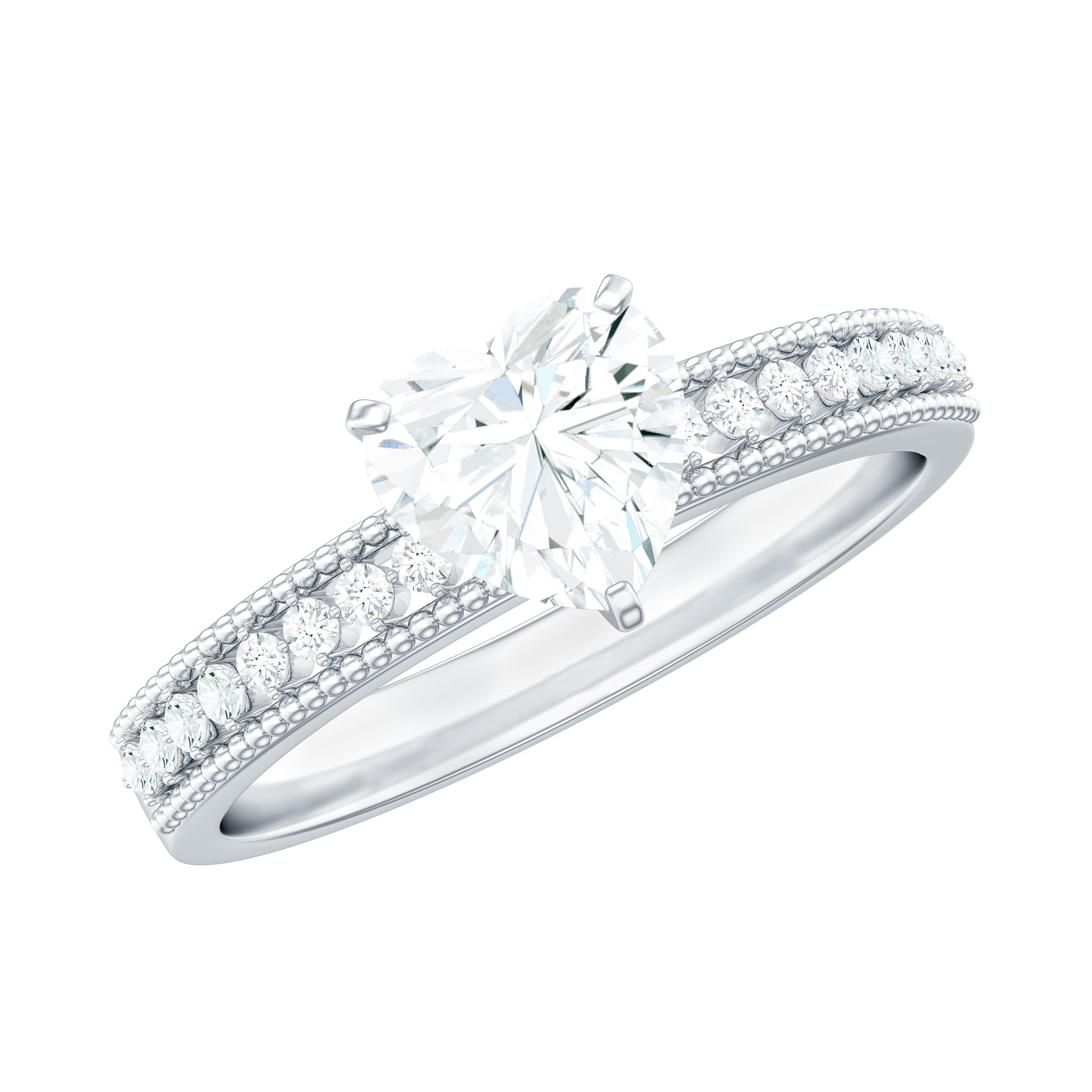 7X7 MM Heart Shape Moissanite Engagement Ring with Side Stones and Beaded Details