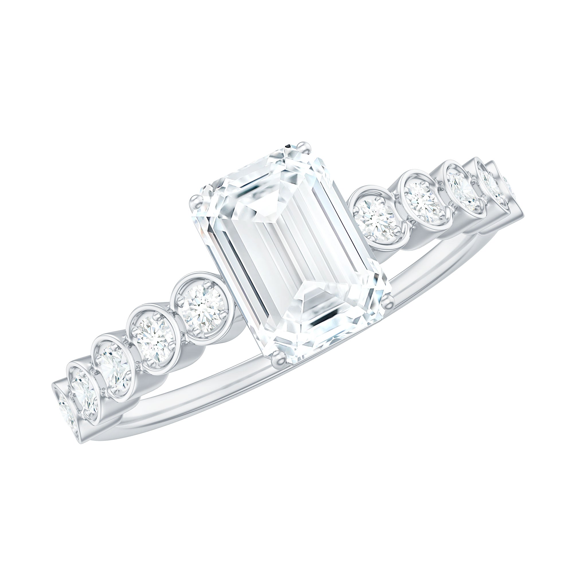 Certified Emerald Cut Moissanite Solitaire Engagement Ring with Side Stones