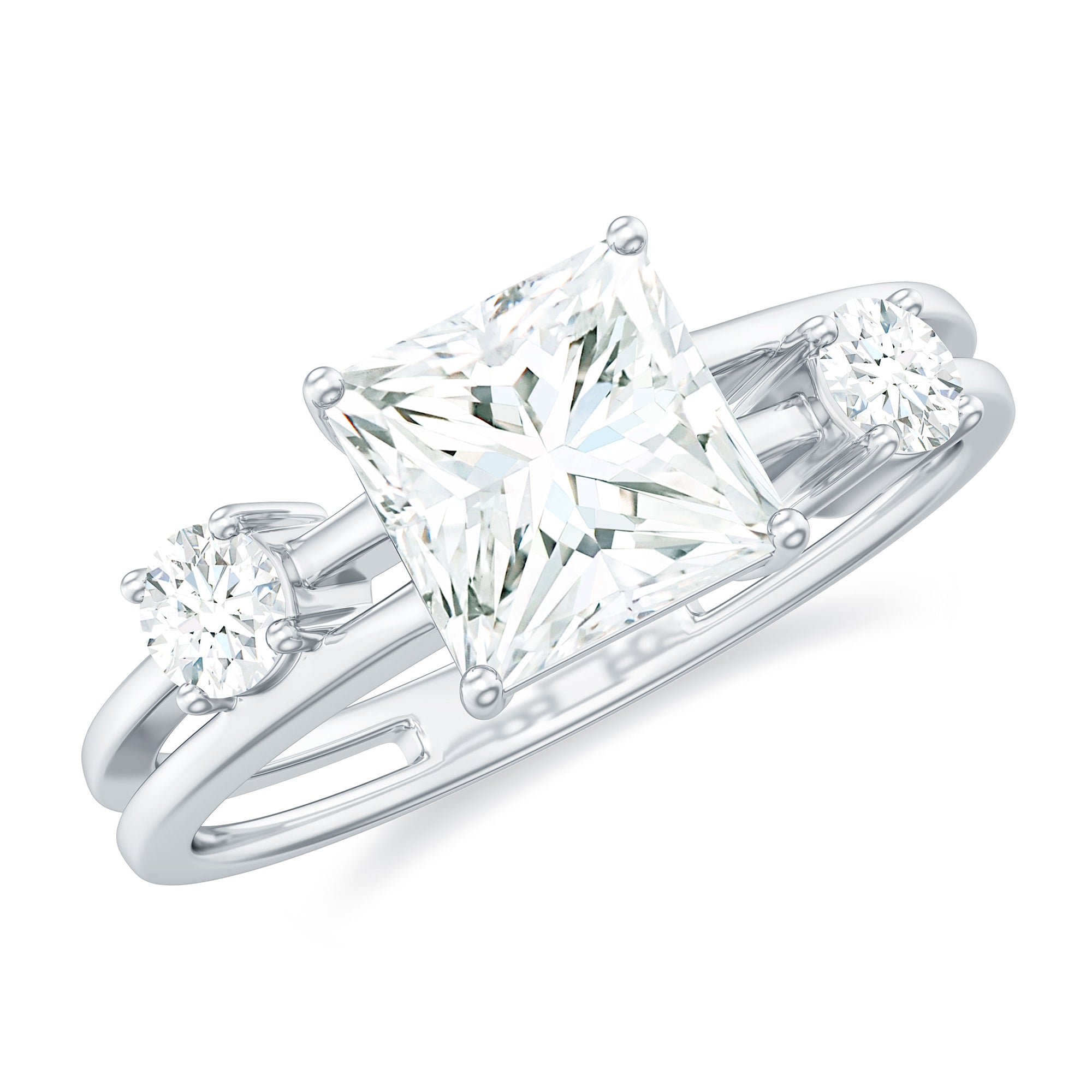 Princess Cut Moissanite Engagement Ring with Double Band