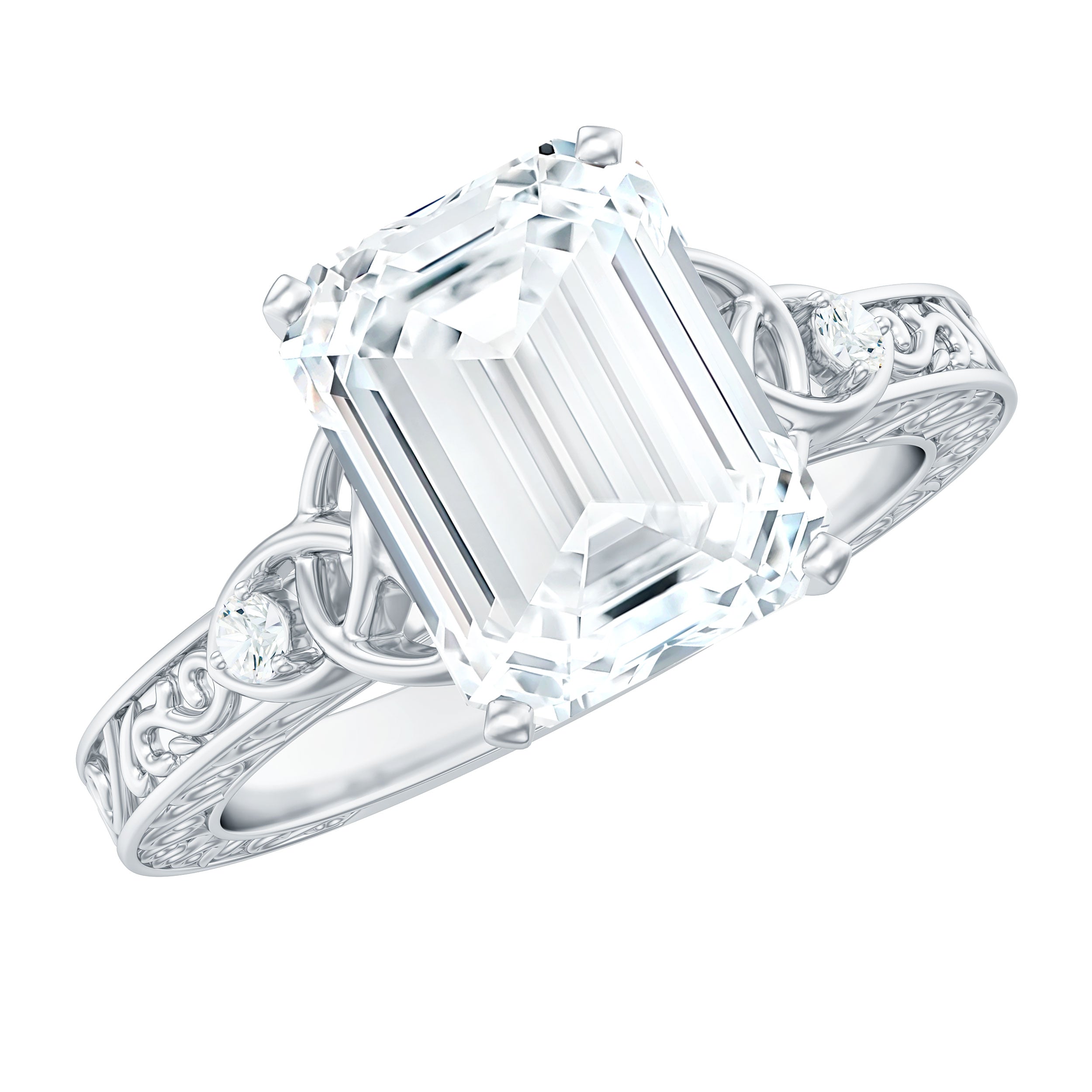7X9 mm Emerald Cut Moissanite Solitaire Celtic Ring with Engraved Shank