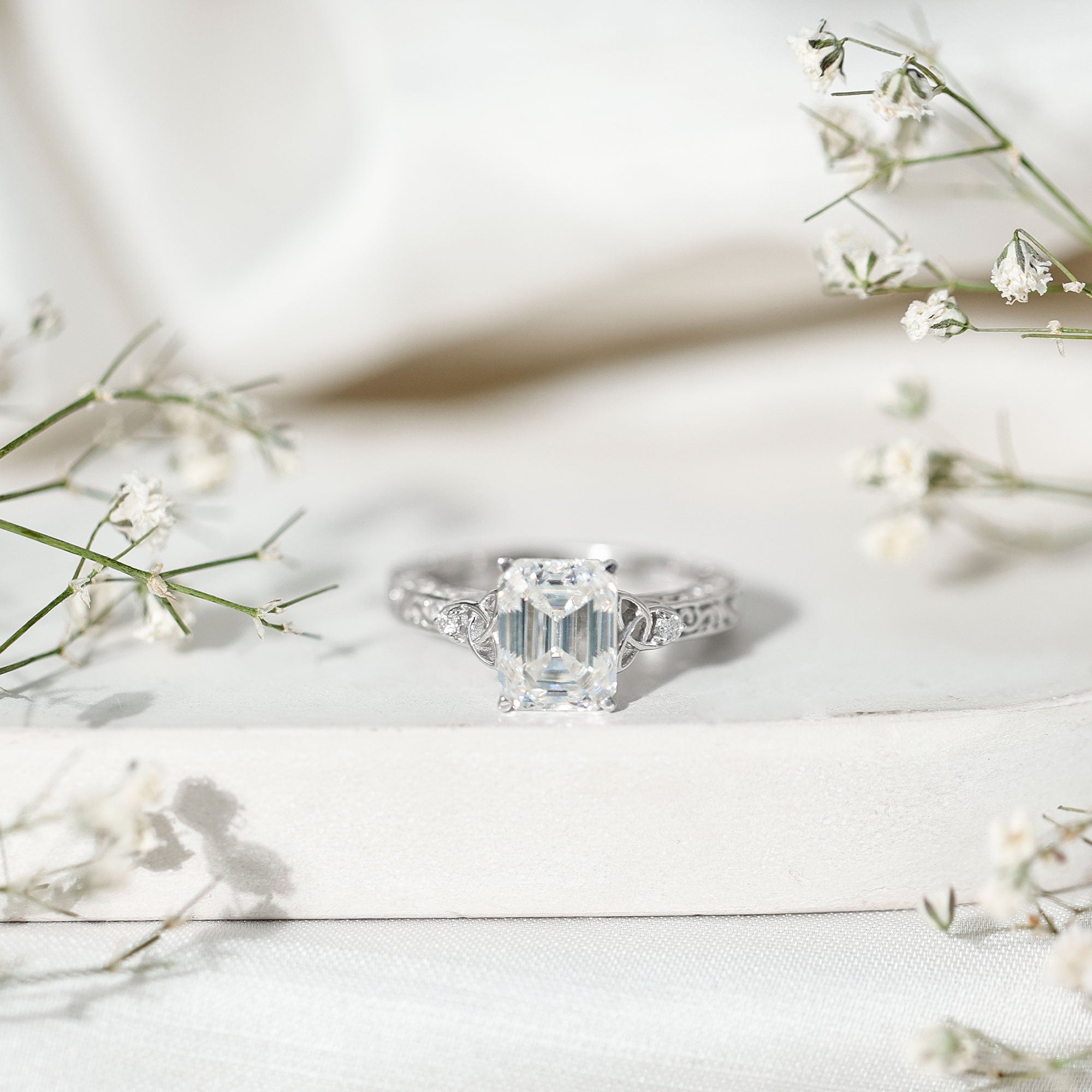 7X9 mm Emerald Cut Moissanite Solitaire Celtic Ring with Engraved Shank D-VS1 - Rosec Jewels