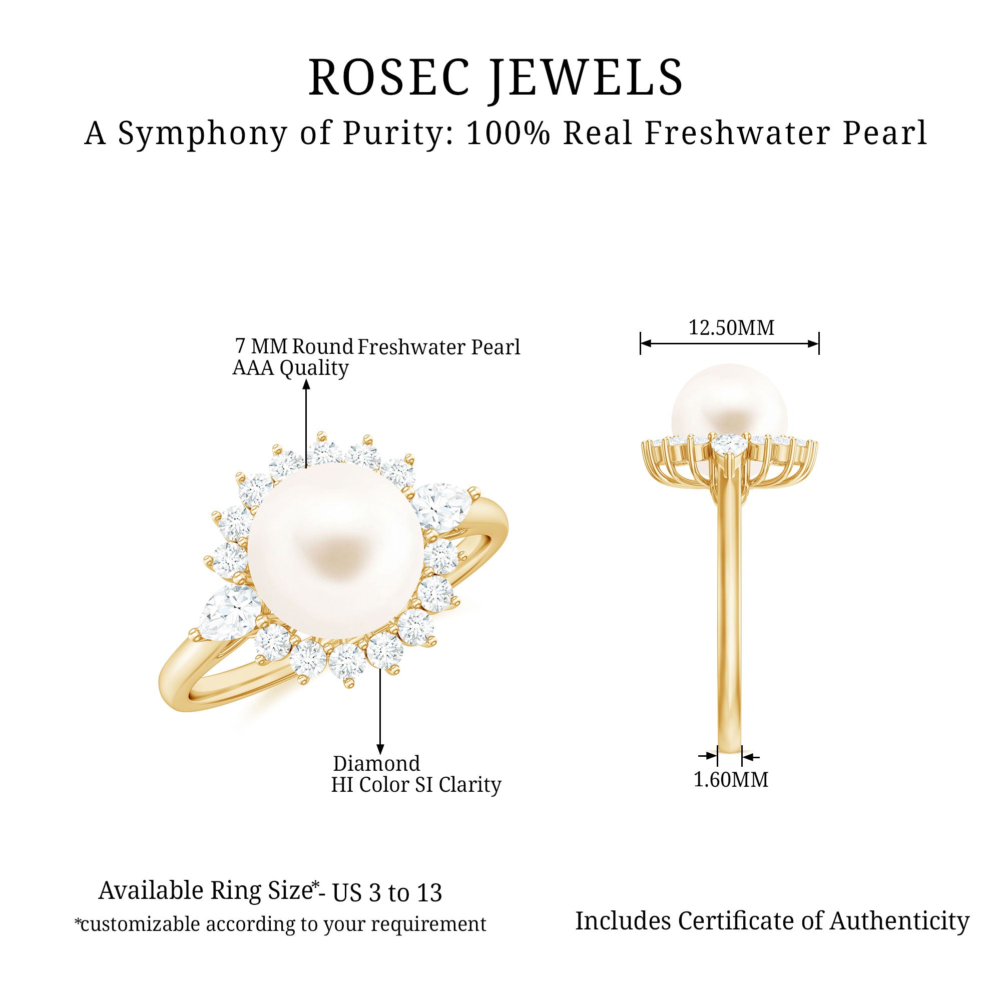 Classic Freshwater Pearl Halo Engagement Ring with Diamond Freshwater Pearl - ( AAA ) - Quality - Rosec Jewels