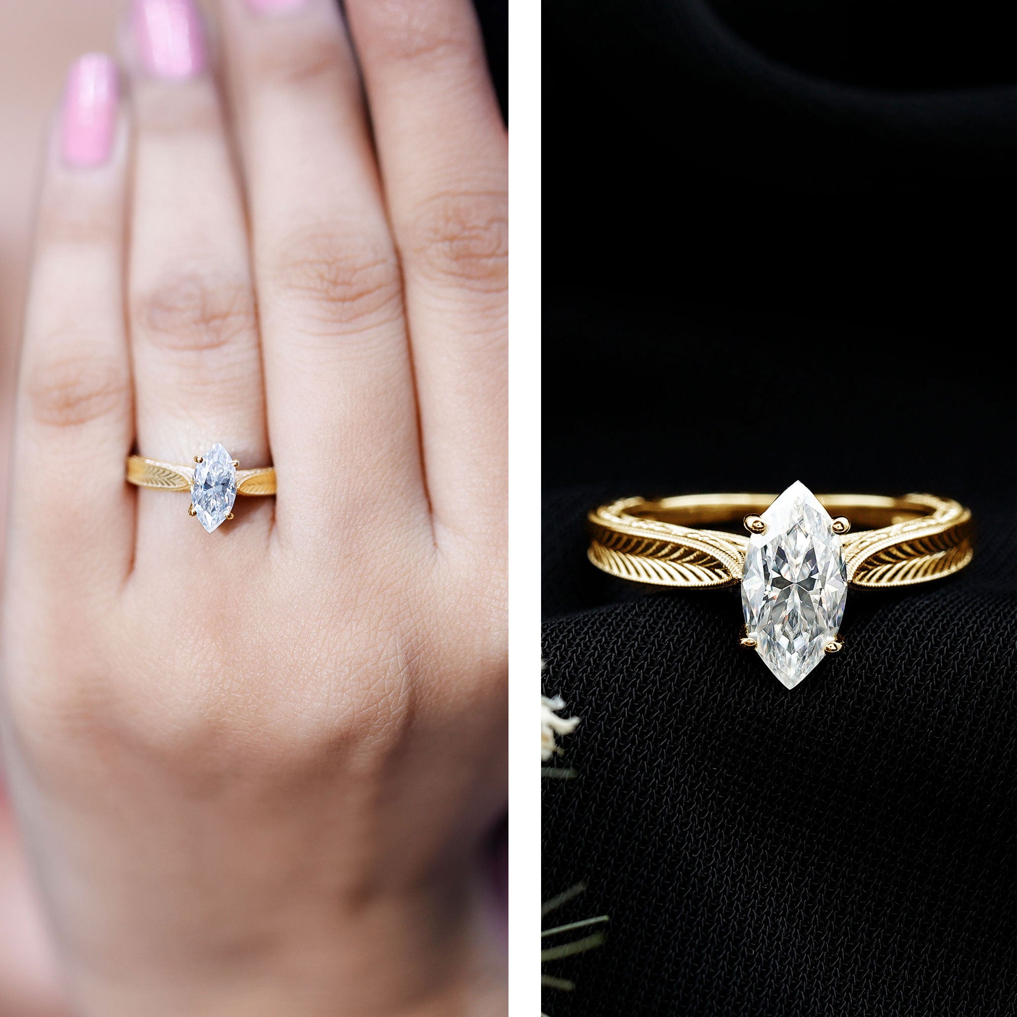 1 Carat Moissanite Marquise Engagement Ring with Leaf Engraved Shank D-VS1 - Rosec Jewels