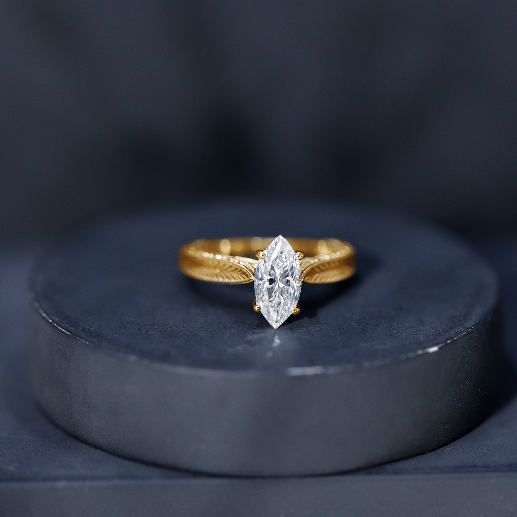 1 Carat Moissanite Marquise Engagement Ring with Leaf Engraved Shank D-VS1 - Rosec Jewels