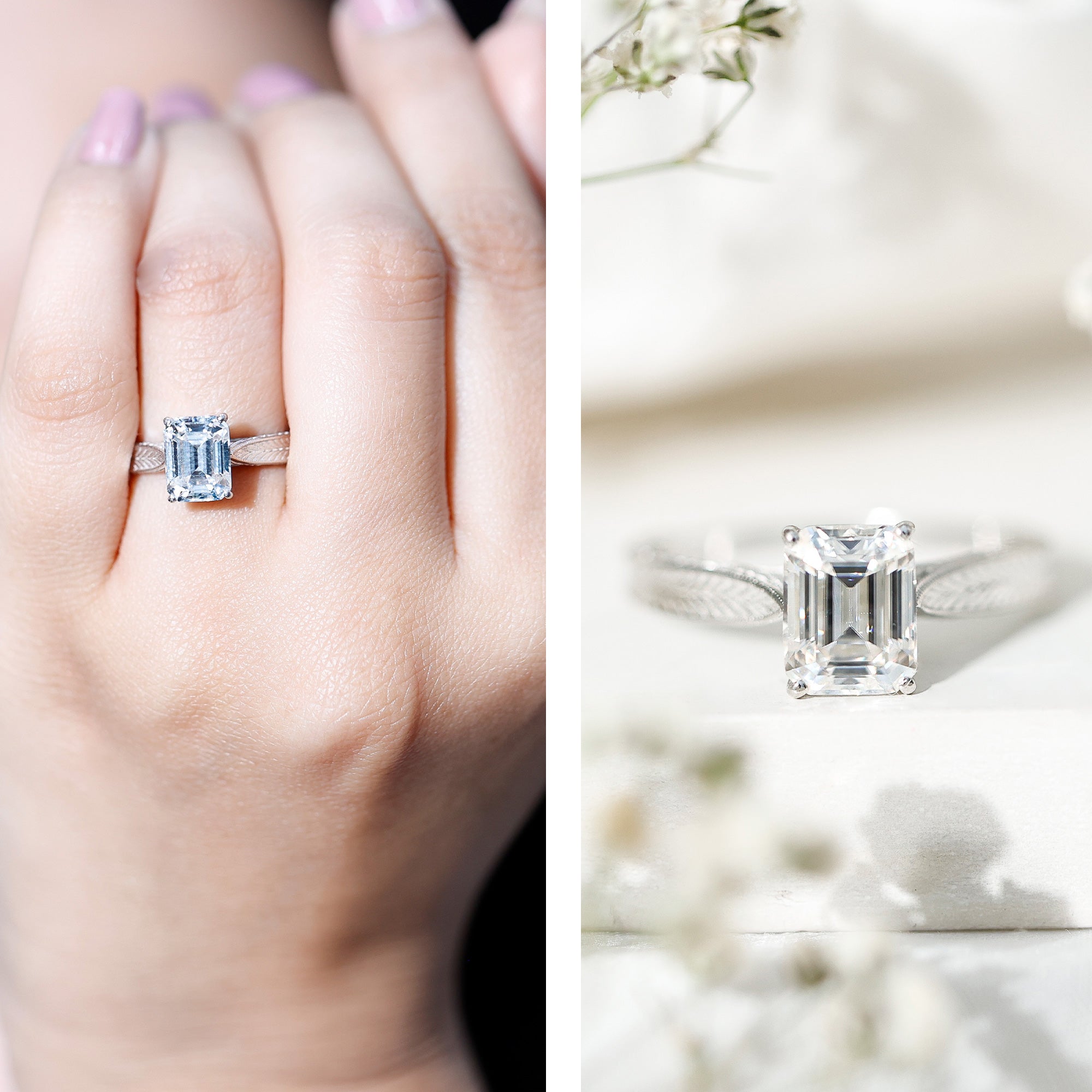 7x9mm Emerald Cut Certified Moissanite Vintage Inspired Engagement Ring D-VS1 - Rosec Jewels