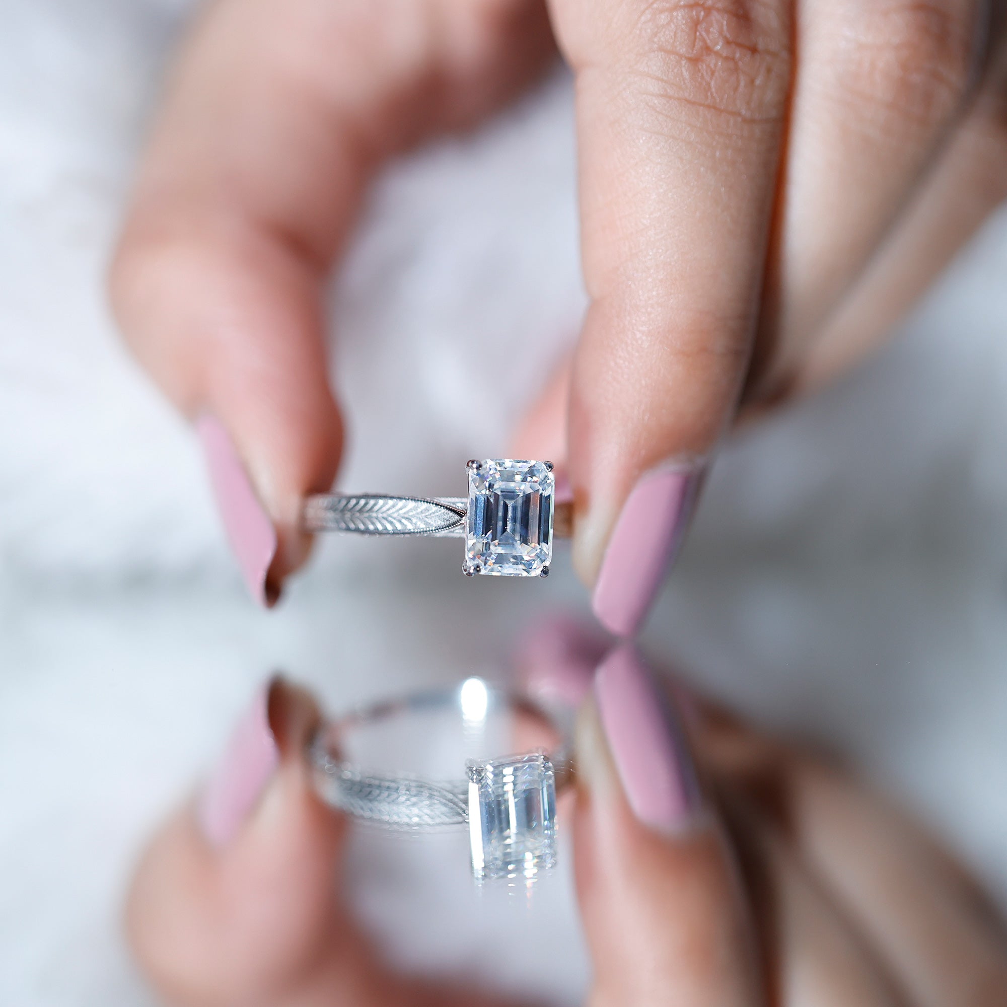 7x9mm Emerald Cut Certified Moissanite Vintage Inspired Engagement Ring D-VS1 - Rosec Jewels