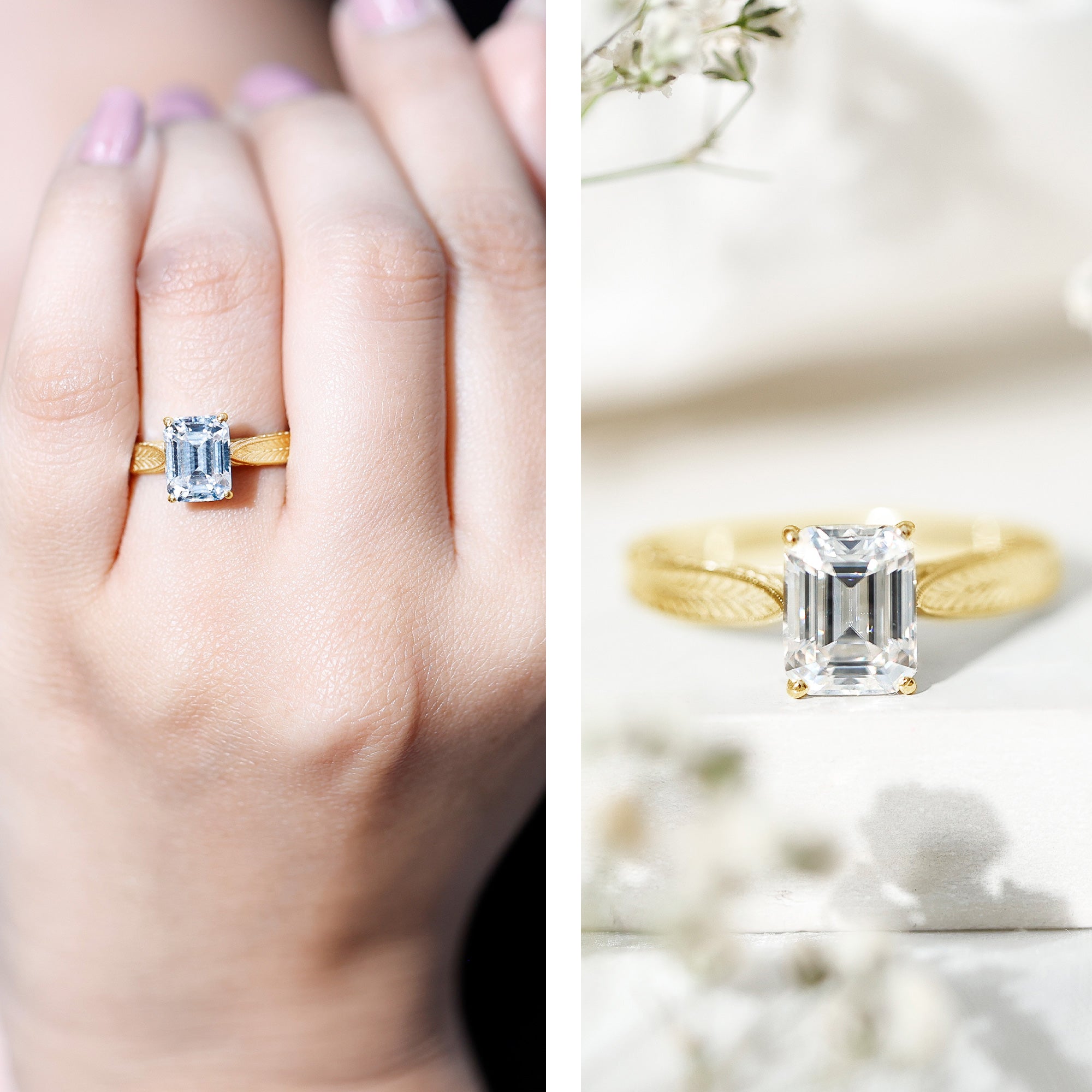 7x9mm Emerald Cut Certified Moissanite Vintage Inspired Engagement Ring D-VS1 - Rosec Jewels