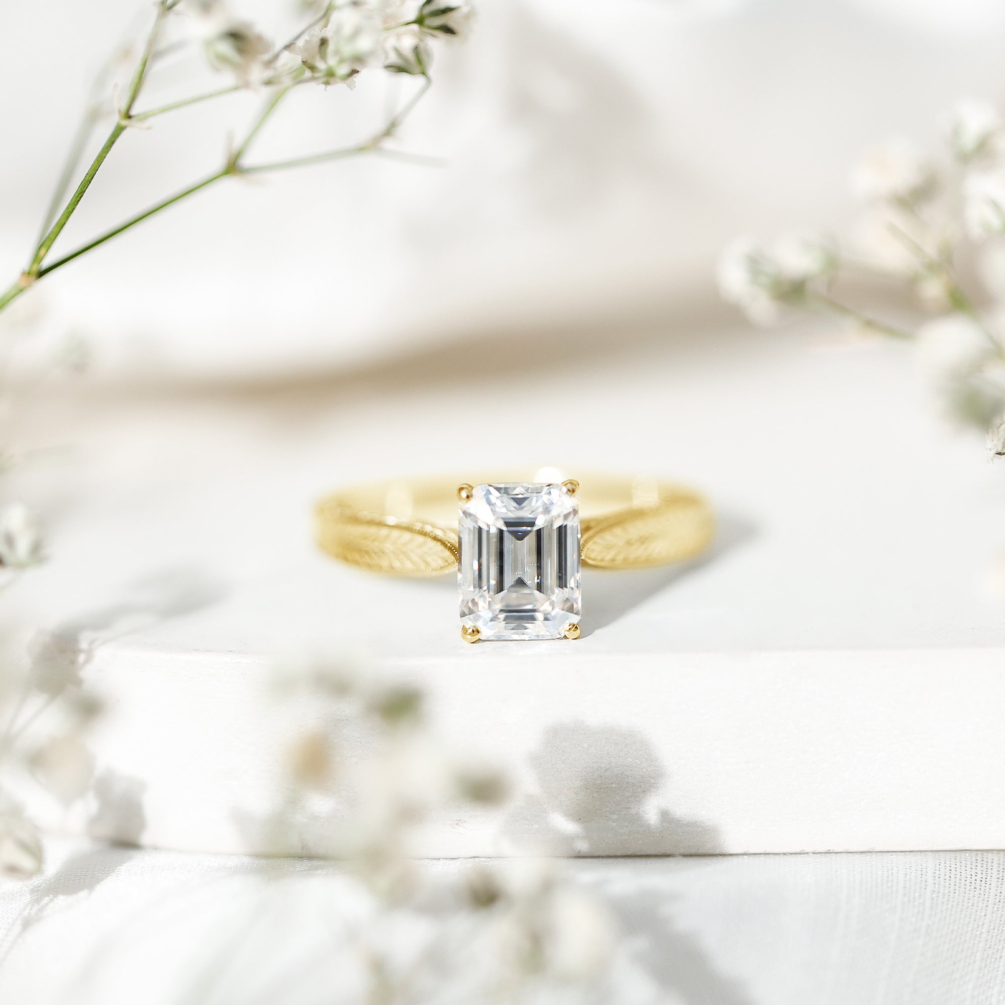 7x9mm Emerald Cut Certified Moissanite Vintage Inspired Engagement Ring D-VS1 - Rosec Jewels