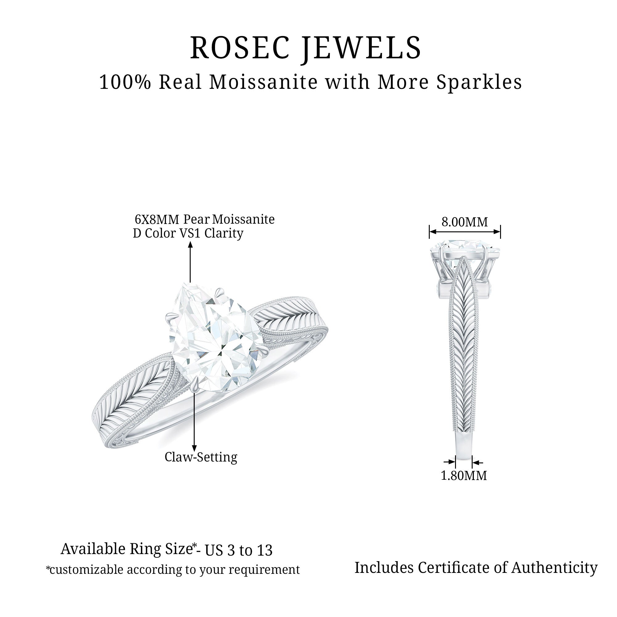 Claw Set Pear Shape Moissanite Engagement Ring D-VS1 - Rosec Jewels