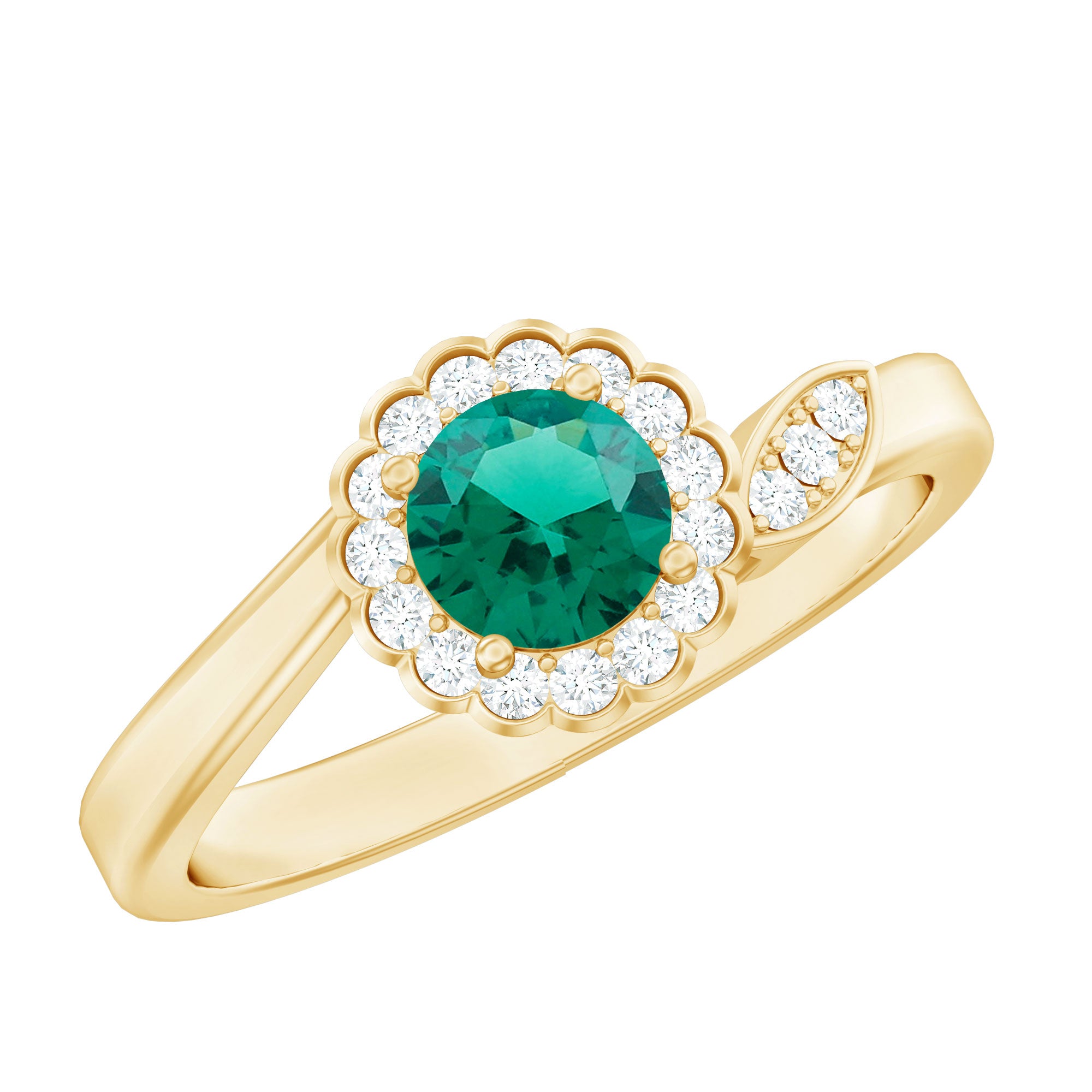 Nature Inspired Lab Grown Emerald Promise Ring with Diamond Halo AAAA - Rosec Jewels