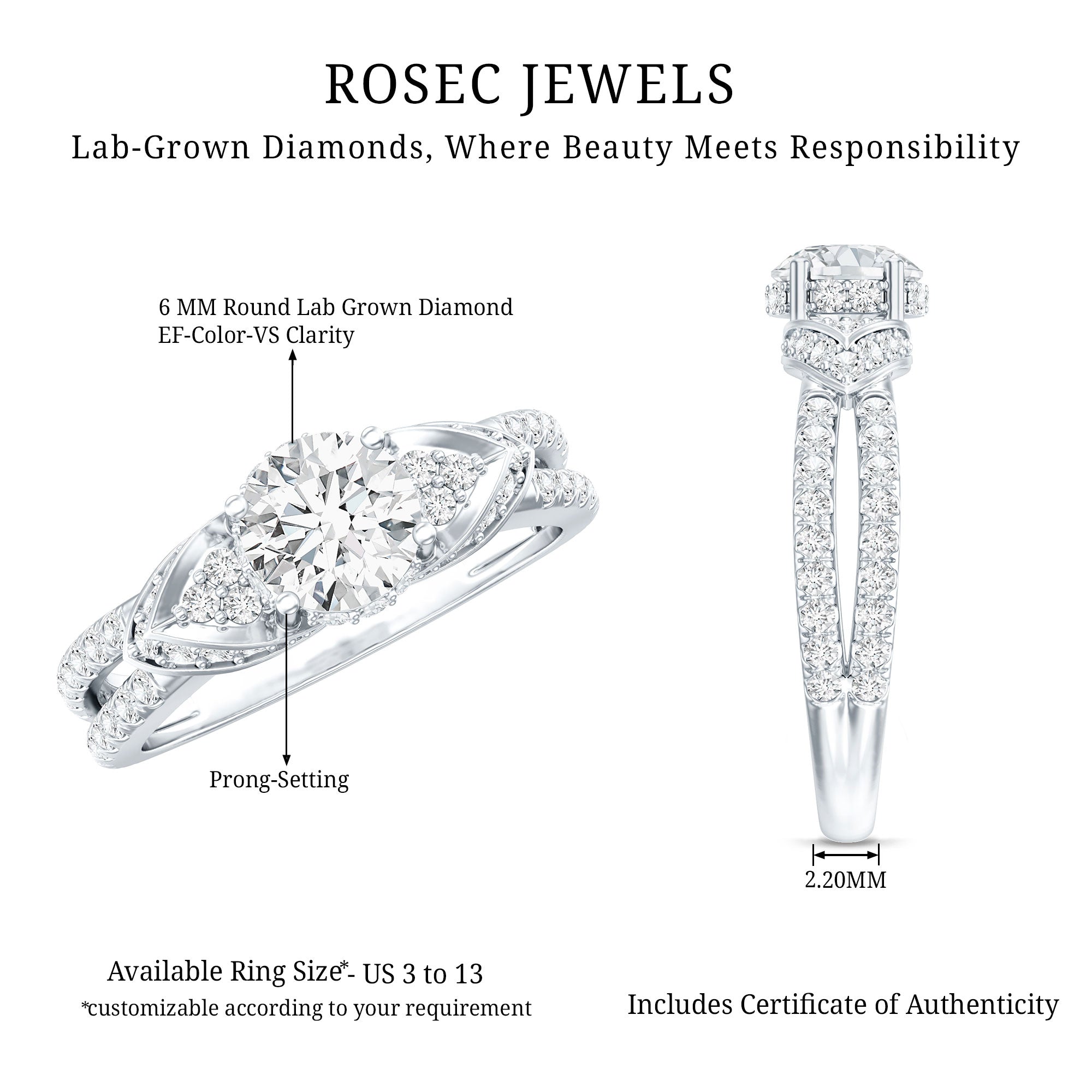Lab Grown Diamond Round Engagement Ring With Side Stone Lab - ( EF-VS ) - Rosec Jewels