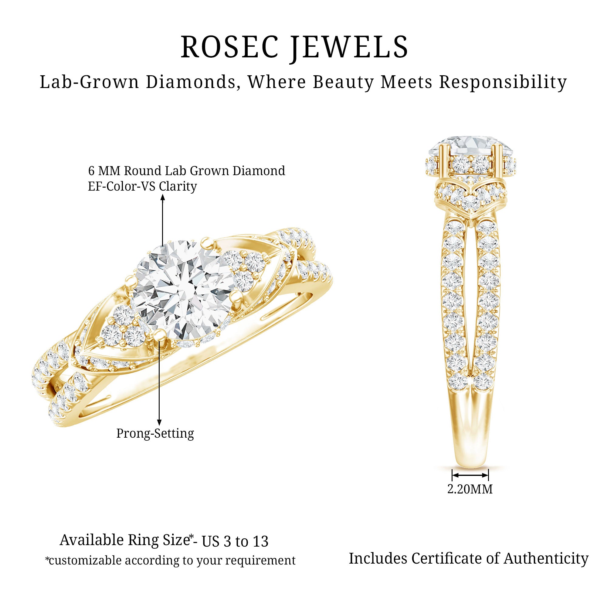 Lab Grown Diamond Round Engagement Ring With Side Stone Lab - ( EF-VS ) - Rosec Jewels