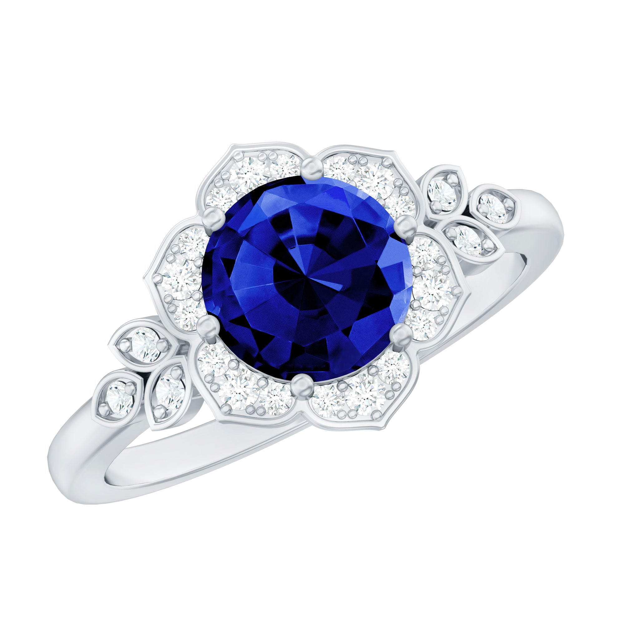 Round Created Blue Sapphire Flower Engagement Ring with Diamond