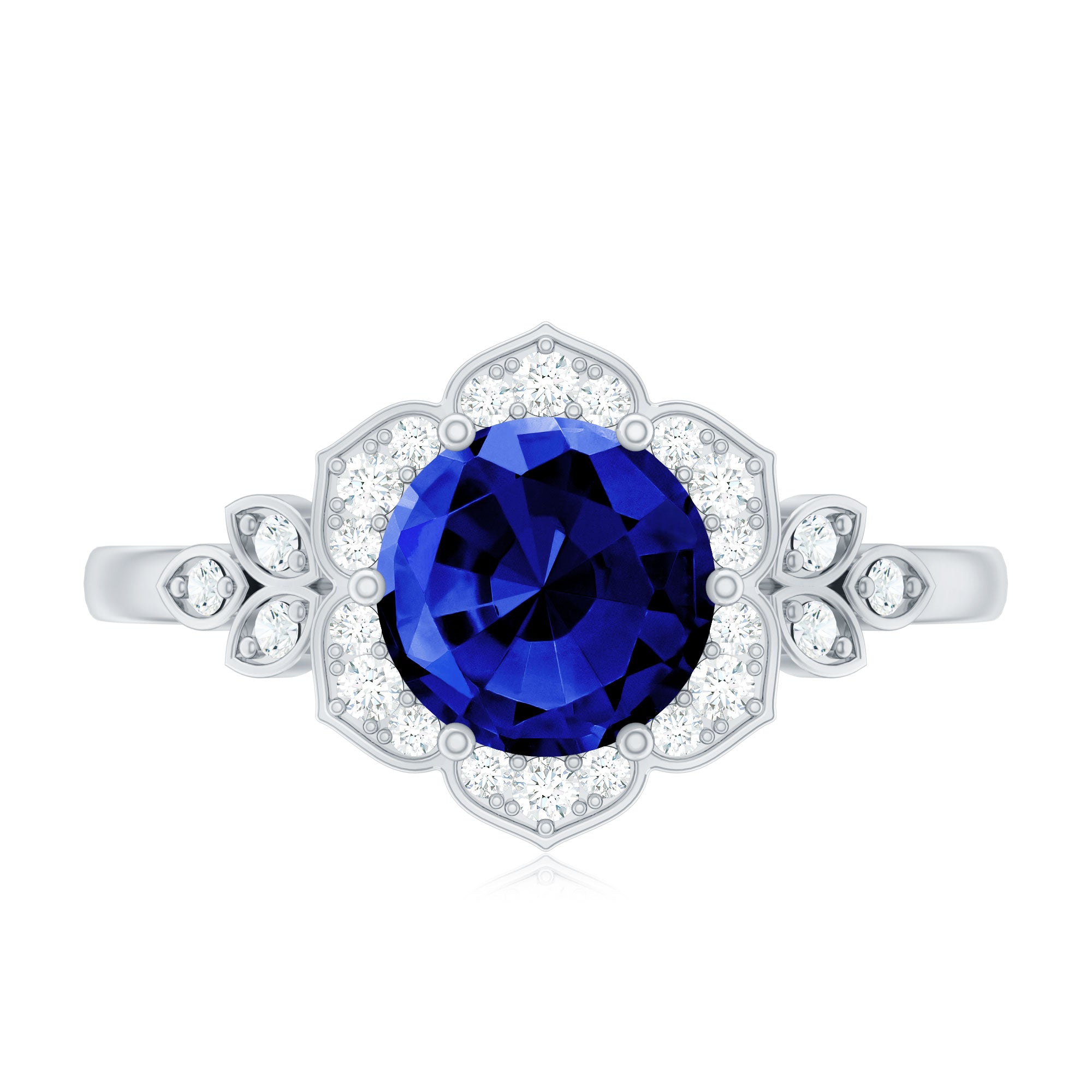 Round Created Blue Sapphire Flower Engagement Ring with Diamond AAAA - Rosec Jewels