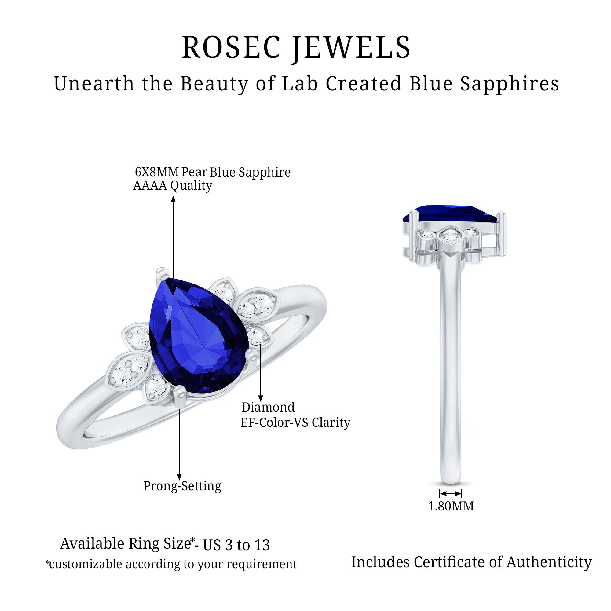 Rosec Jewels-Certified Lab Grown Blue Sapphire Teardrop Engagement Ring with Diamonds