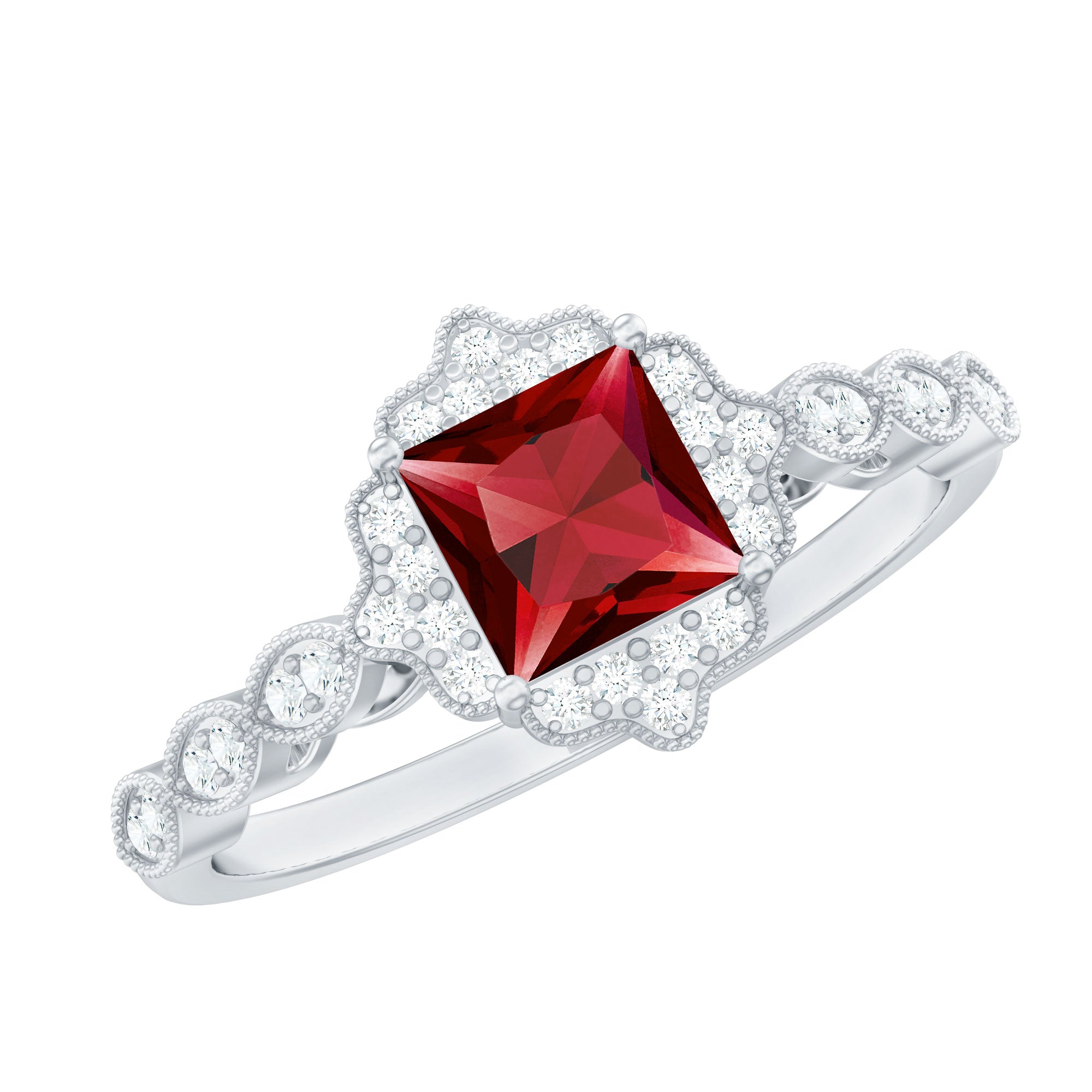 Certified Lab Created Ruby Square Cut Engagement Ring with Diamonds AAAA - Rosec Jewels