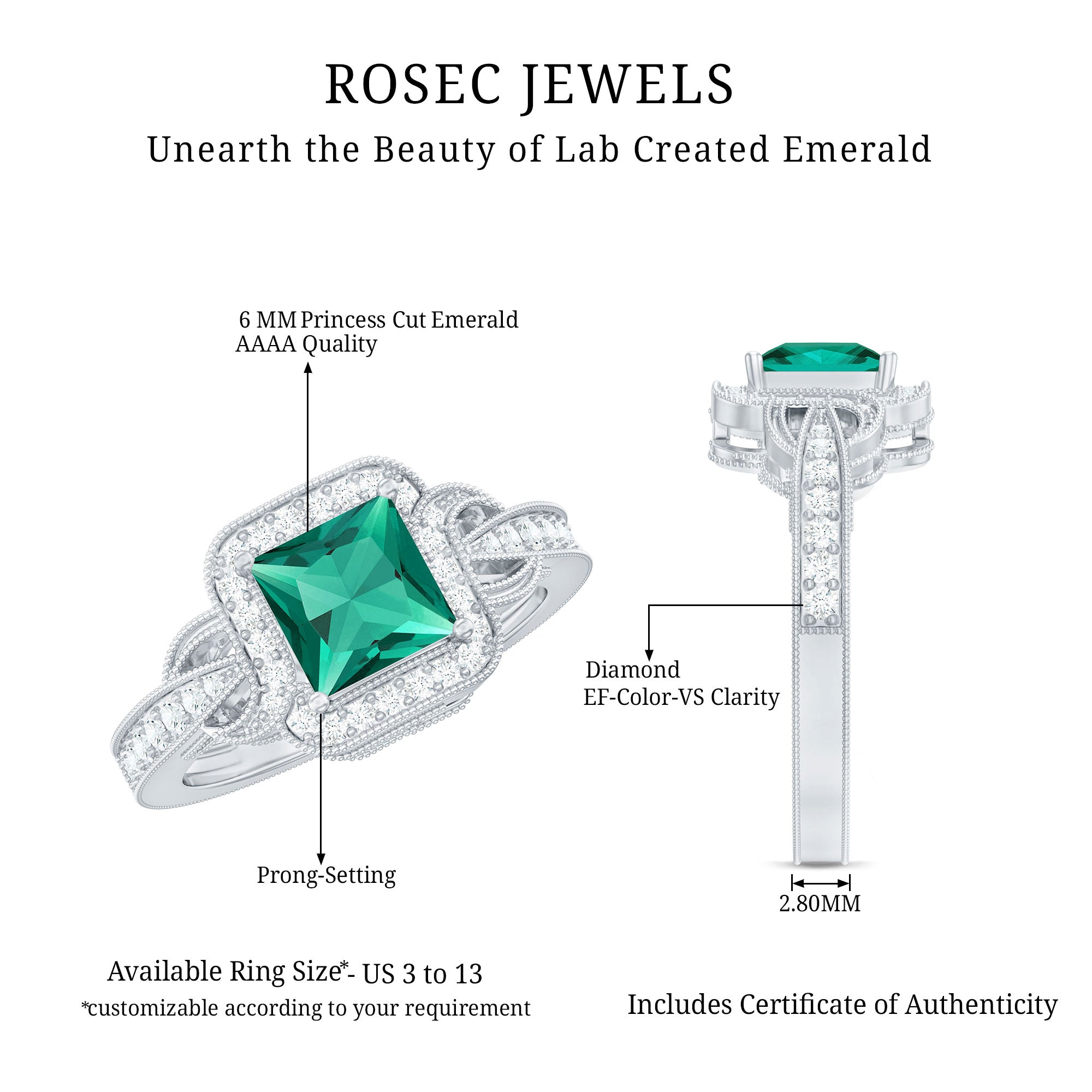 Lab Grown Emerald Vintage Inspired Engagement Ring with Diamond AAAA - Rosec Jewels