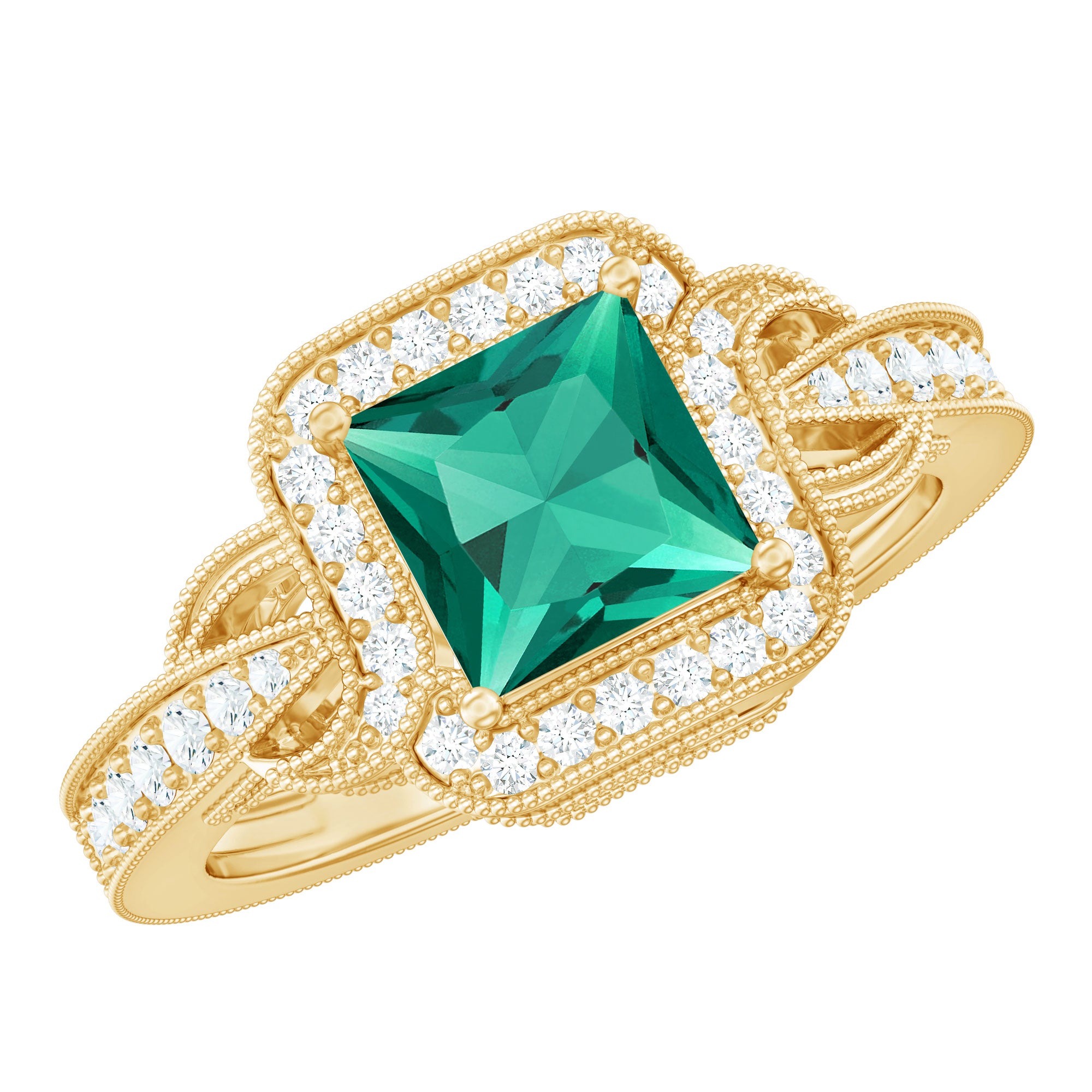 Lab Grown Emerald Vintage Inspired Engagement Ring with Diamond AAAA - Rosec Jewels