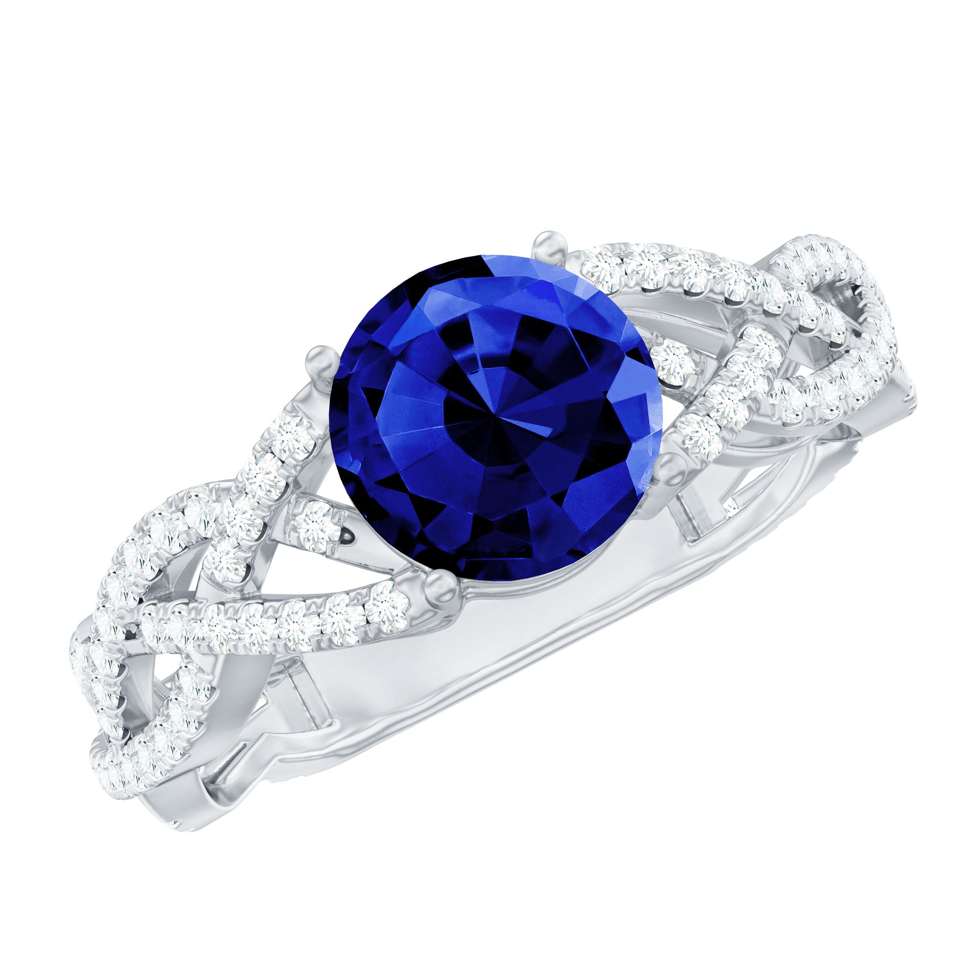 Designer 2.7 Carat Lab Grown Blue Sapphire Engagement Ring with Diamond Criss Cross Shank AAAA - Rosec Jewels