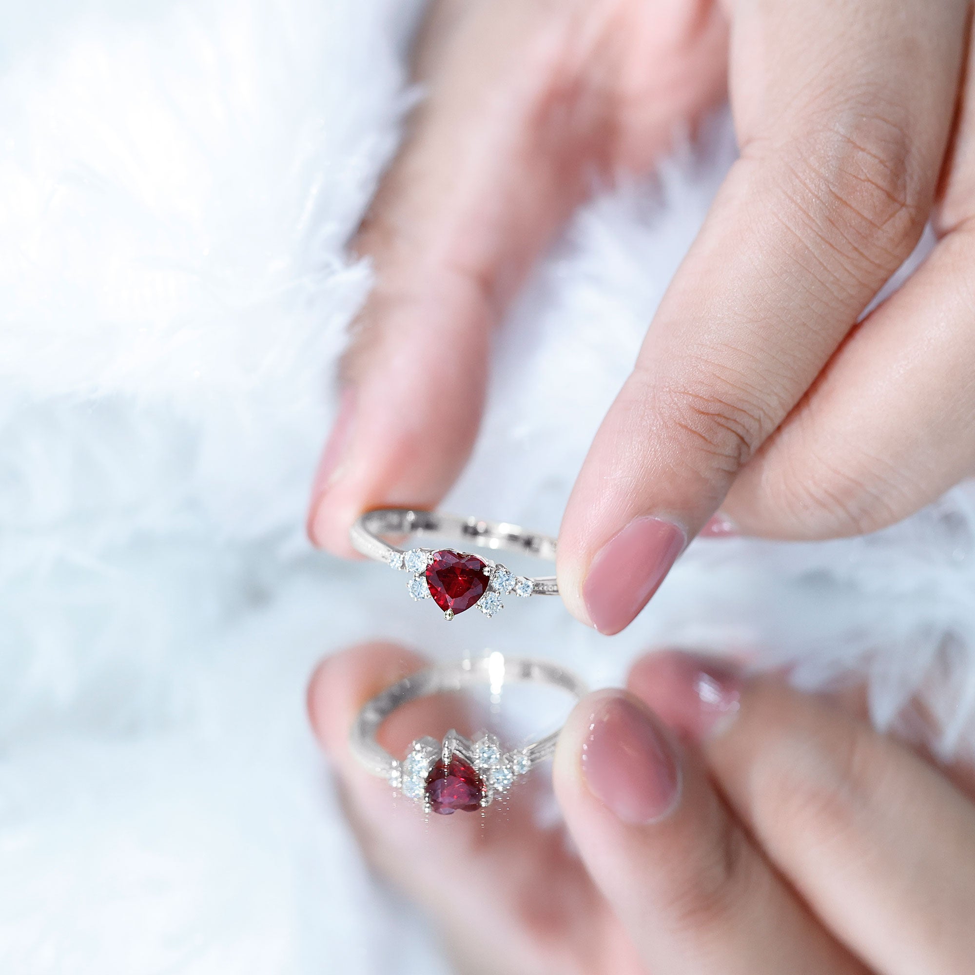 Lab Grown Ruby Heart Promise Ring with Diamond Accent AAAA - Rosec Jewels