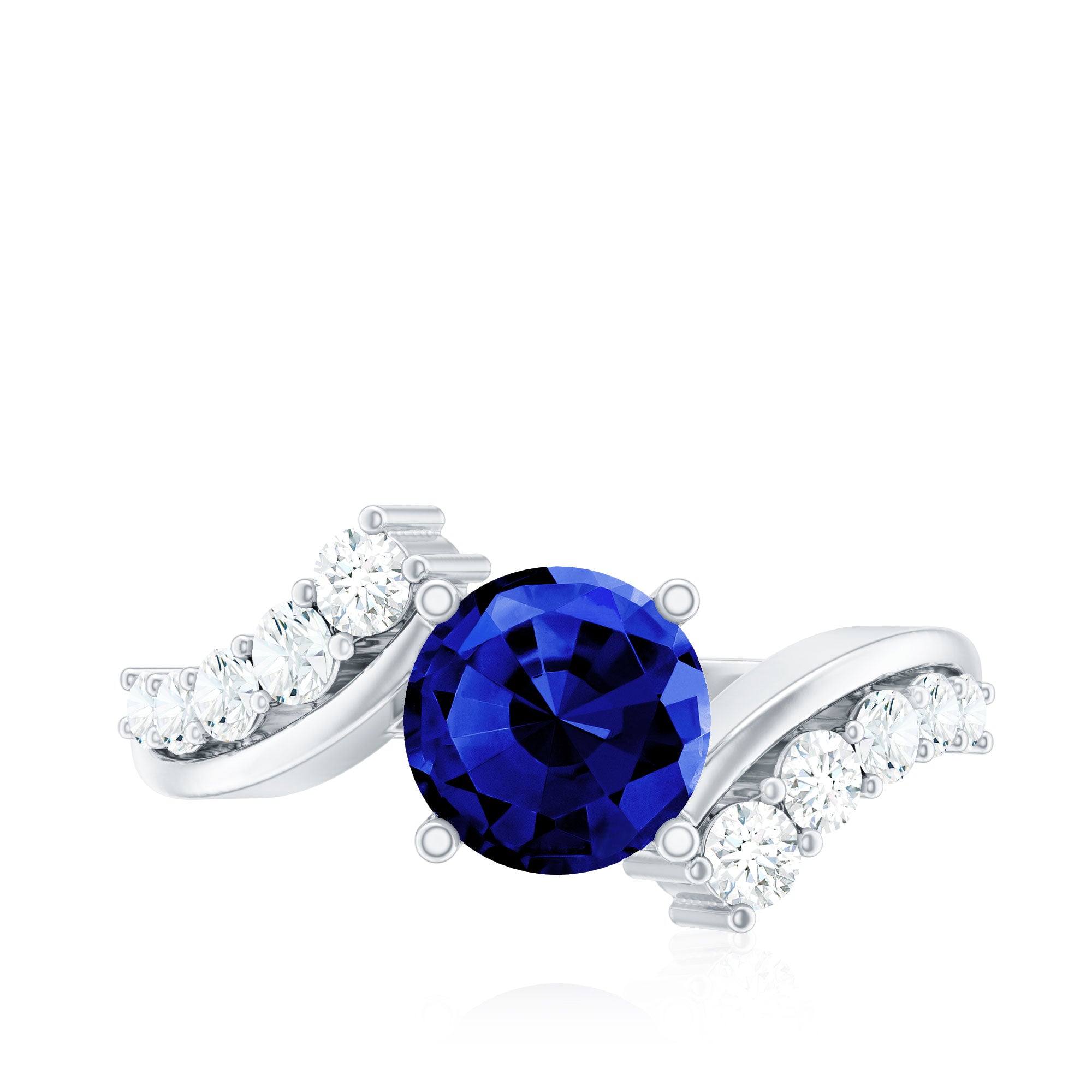 Certified 2.7 Carat Lab Grown Blue Sapphire Engagement Ring with Diamond Bypass Shank AAAA - Rosec Jewels