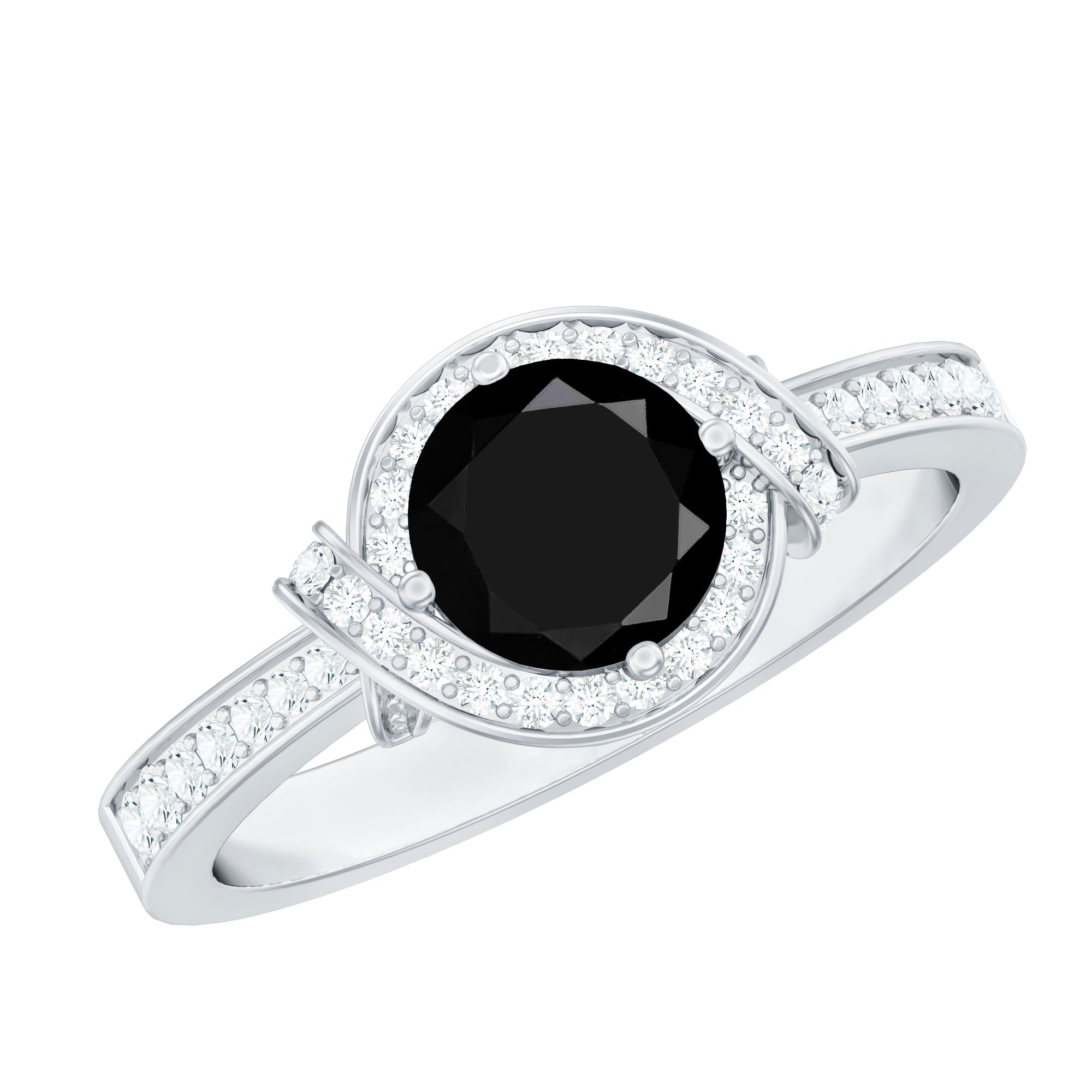 1.6 Carat Lab Grown Black Diamond Engagement Ring with White Diamond Halo AAAA ( Synthetic ) - Rosec Jewels