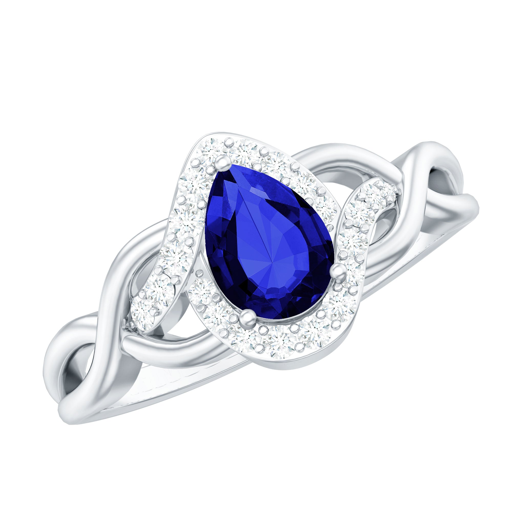 Certified 1.6 Carat Lab Grown Blue Sapphire Diamond Teardrop Engagement Ring with Crossover Shank AAAA - Rosec Jewels