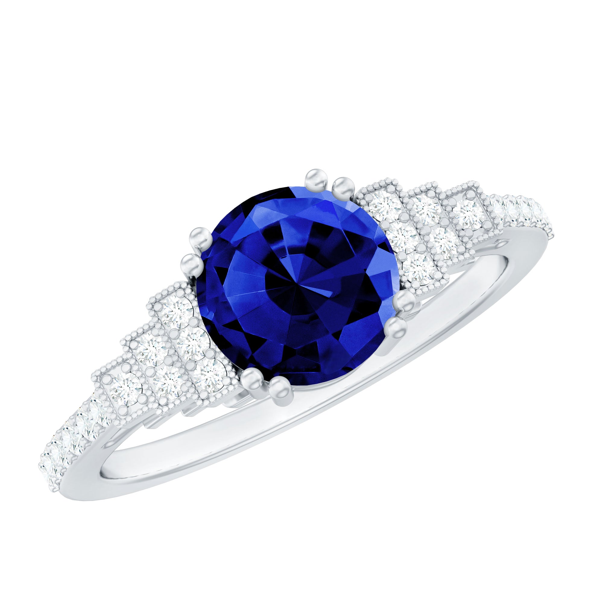 Vintage Style 2.7 Carat Lab Grown Blue Sapphire Engagement Ring with Diamond Side Stone AAAA - Rosec Jewels