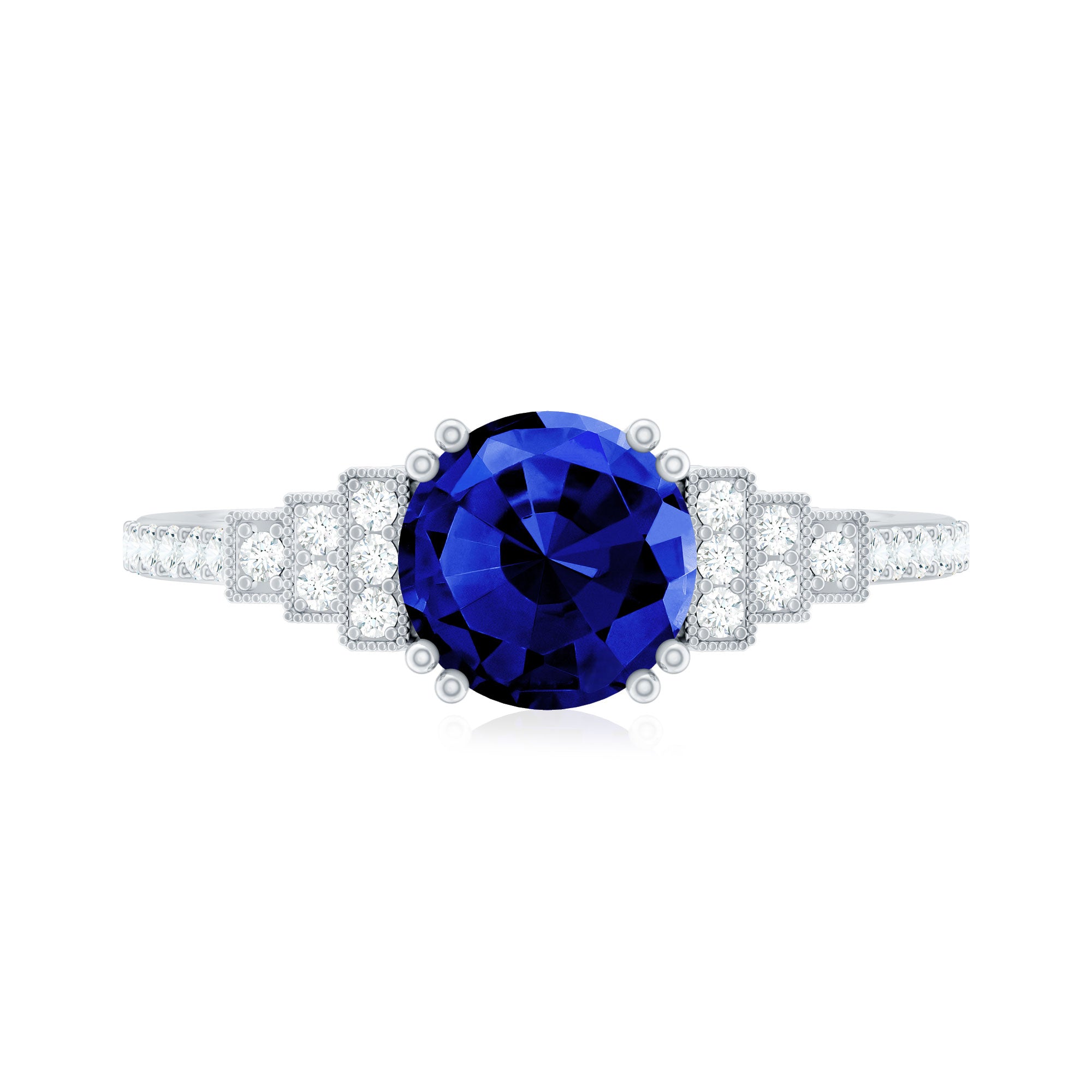 Vintage Style 2.7 Carat Lab Grown Blue Sapphire Engagement Ring with Diamond Side Stone AAAA - Rosec Jewels