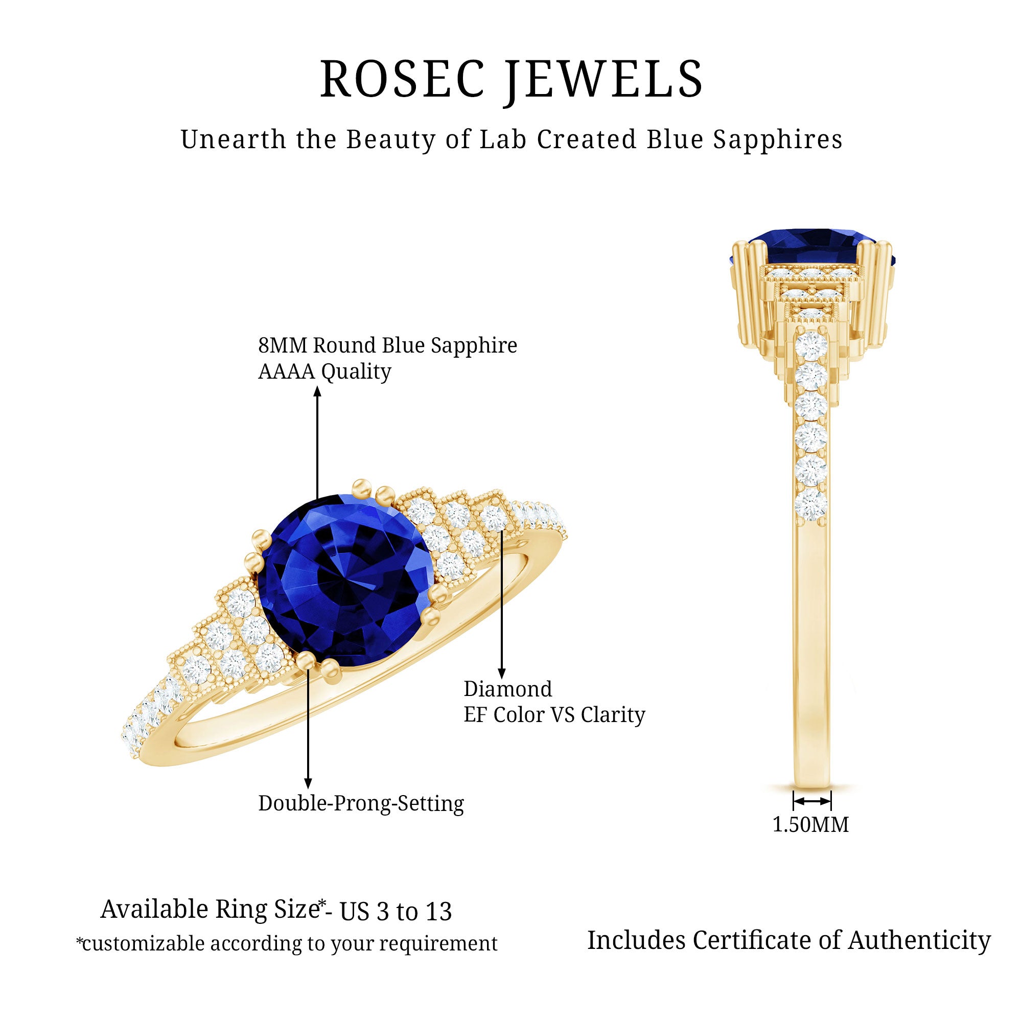 Vintage Style 2.7 Carat Lab Grown Blue Sapphire Engagement Ring with Diamond Side Stone AAAA - Rosec Jewels