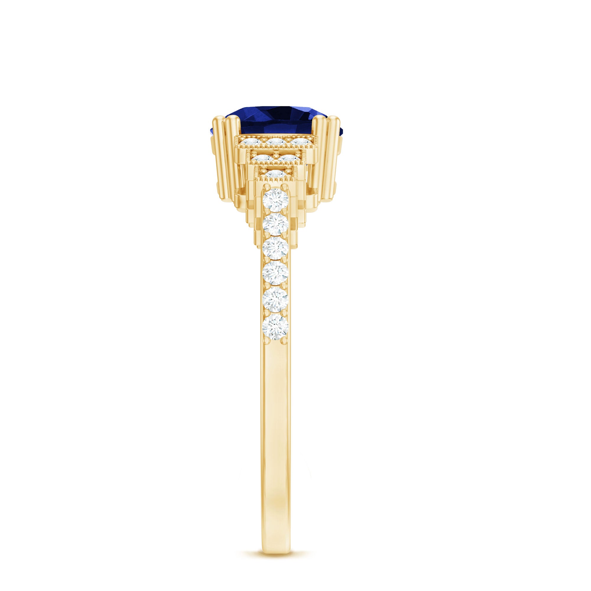 Vintage Style 2.7 Carat Lab Grown Blue Sapphire Engagement Ring with Diamond Side Stone AAAA - Rosec Jewels