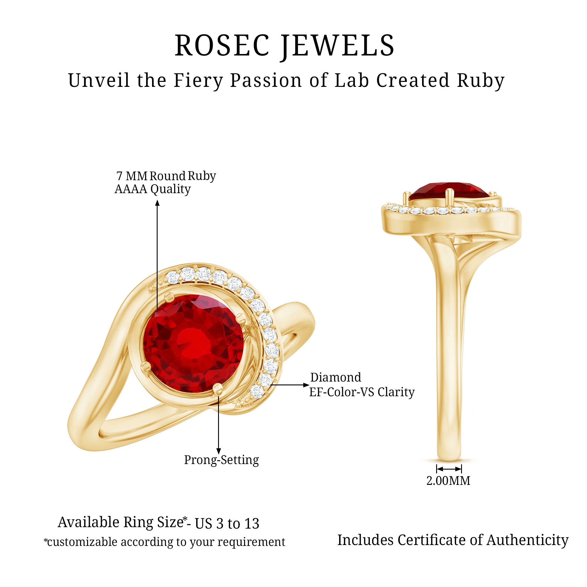 Certified 7MM Lab Created Ruby Engagement Ring with Diamond Half Halo AAAA - Rosec Jewels