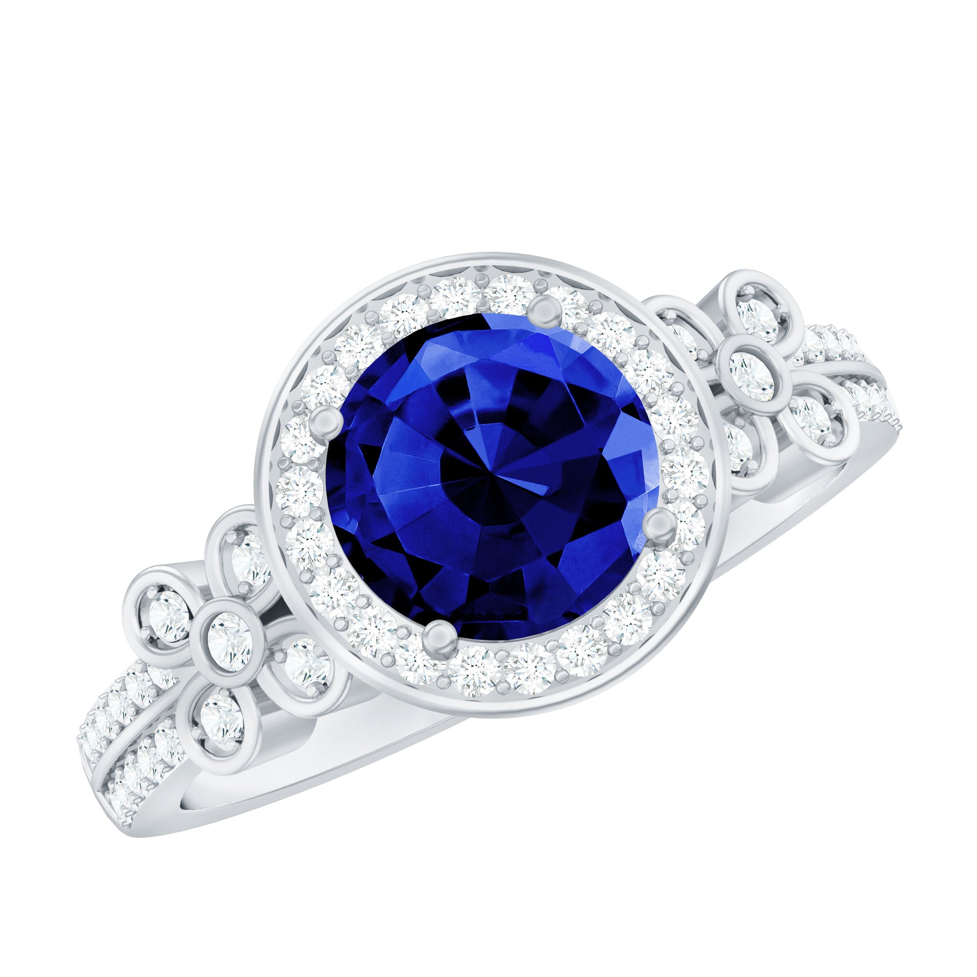 Certified 2.7 Carat Lab Grown Blue Sapphire Halo Engagement Ring with Diamond Flower AAAA - Rosec Jewels