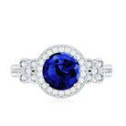 Certified 2.7 Carat Lab Grown Blue Sapphire Halo Engagement Ring with Diamond Flower AAAA - Rosec Jewels