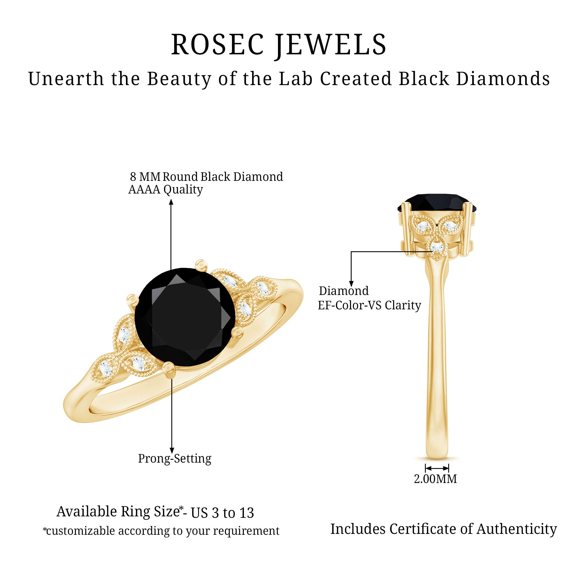 Certified 2 Carat Lab Grown Black Diamond Solitaire Engagement Ring with White Diamond AAAA ( Synthetic ) - Rosec Jewels