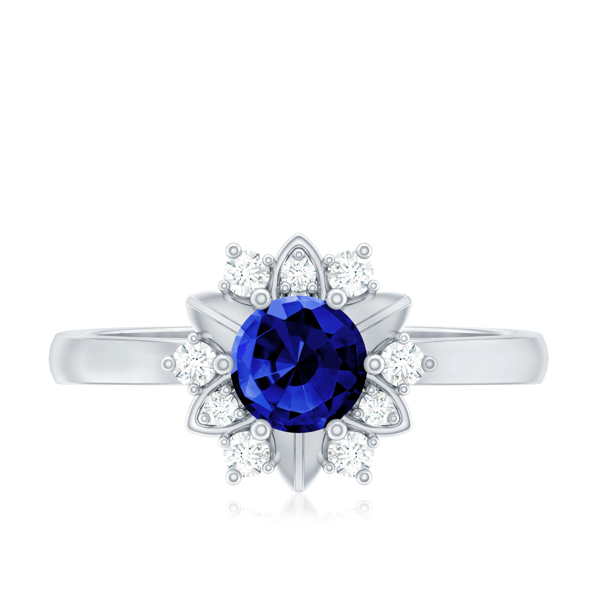 Certified 0.6 Carat Lab Grown Blue Sapphire Flower Engagement Ring with Diamond AAAA - Rosec Jewels