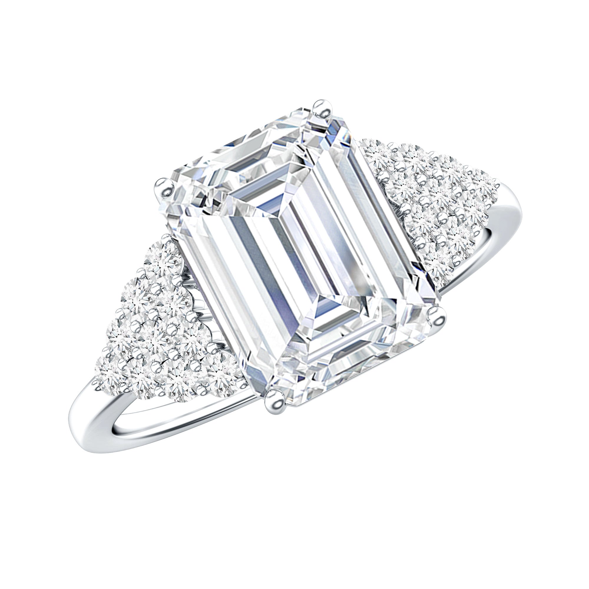 Certified Moissanite Emerald Cut Engagement Ring with Cluster Stones