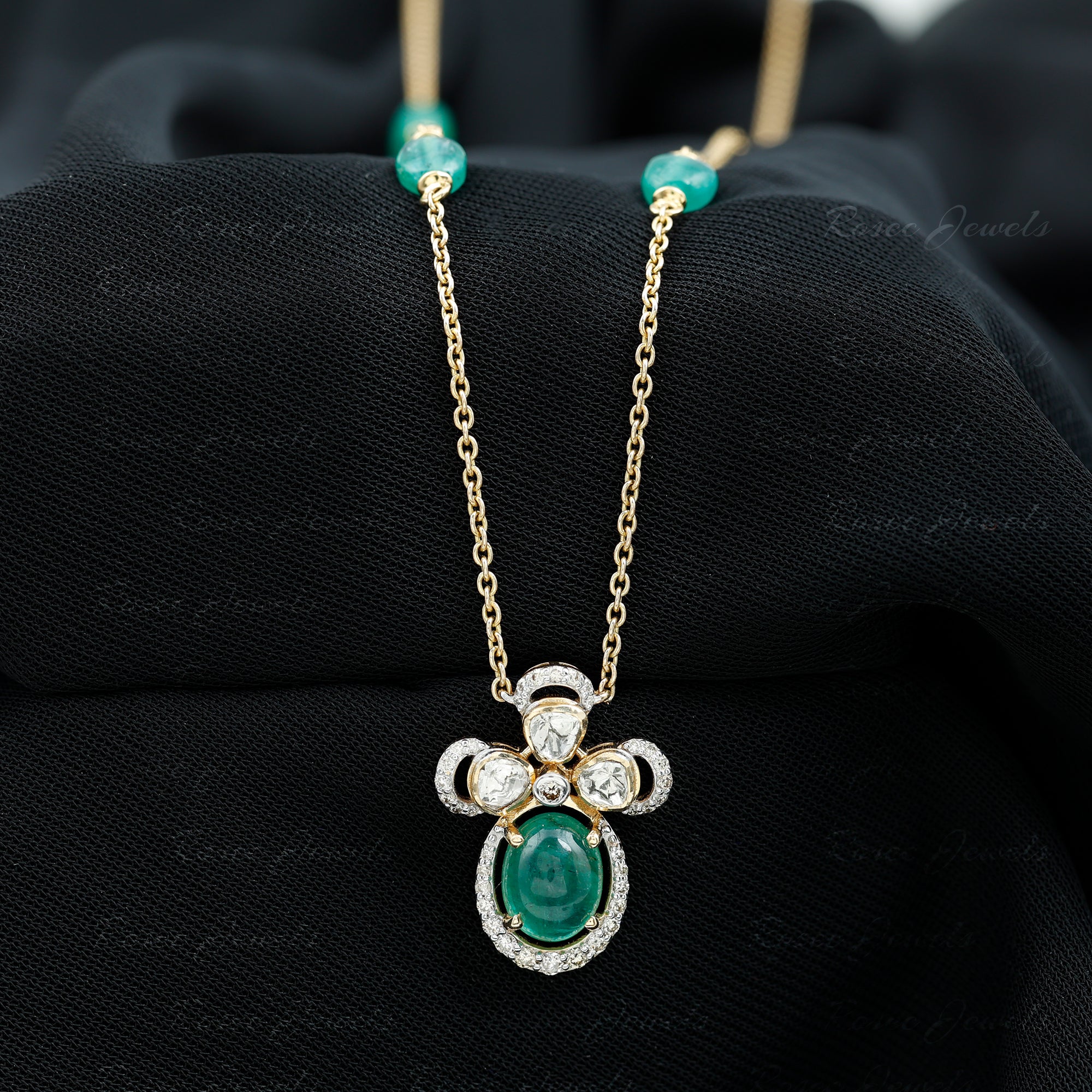 Diamond Polki and Emerald Flower Necklace 18K Yellow Gold - Rosec Jewels