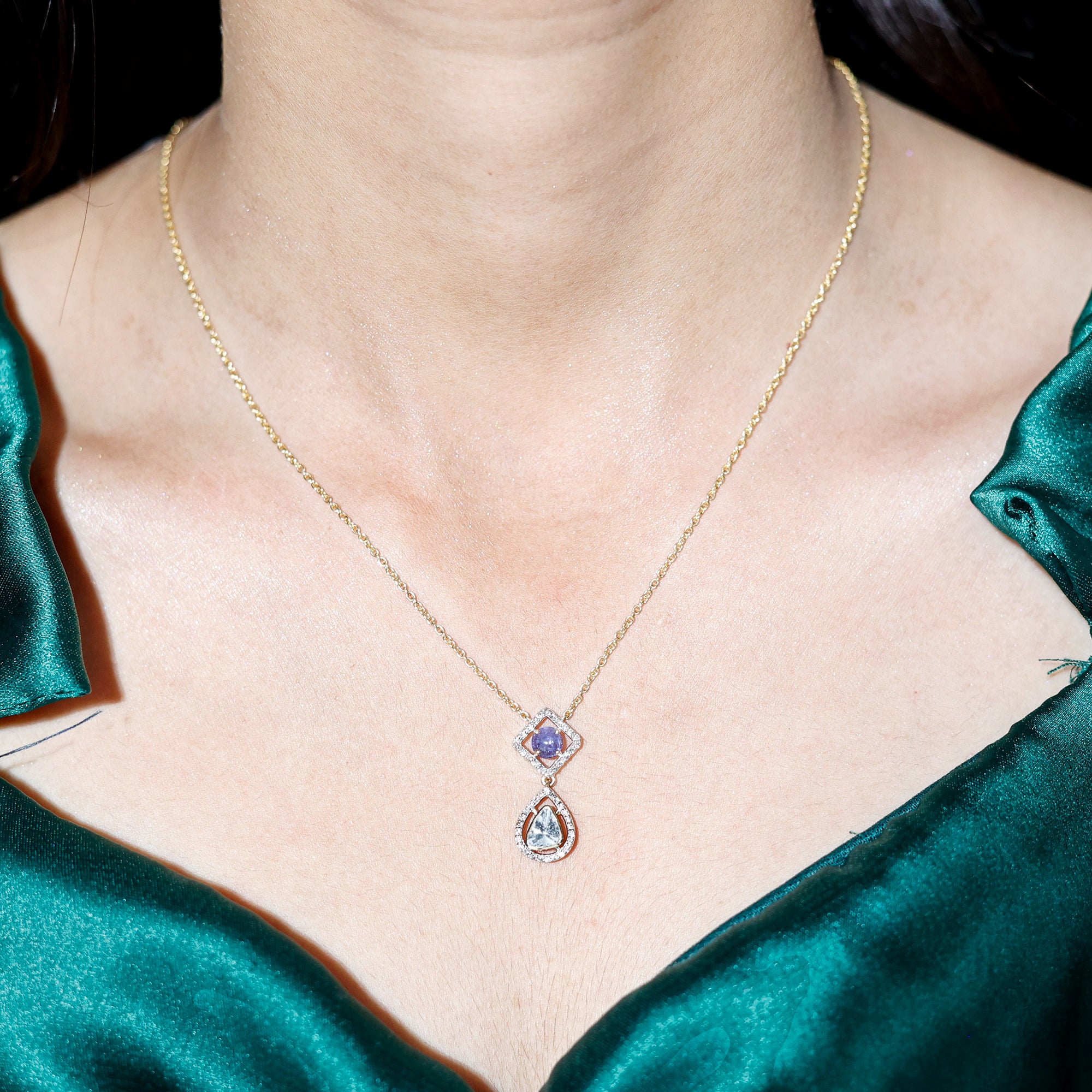 Dangle Drop Necklace with Polki Diamond and Tanzanite 18K Yellow Gold - Rosec Jewels